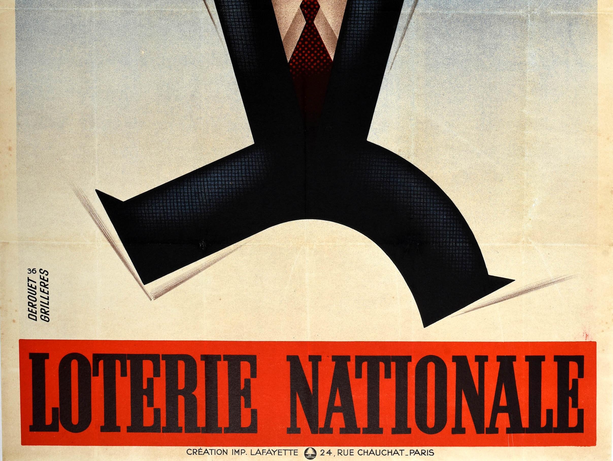 Original Vintage-Poster, Loterie Nationale 1000 Francs, National Lottery, Frankreich (Art déco), Print, von Derouet Lesacq
