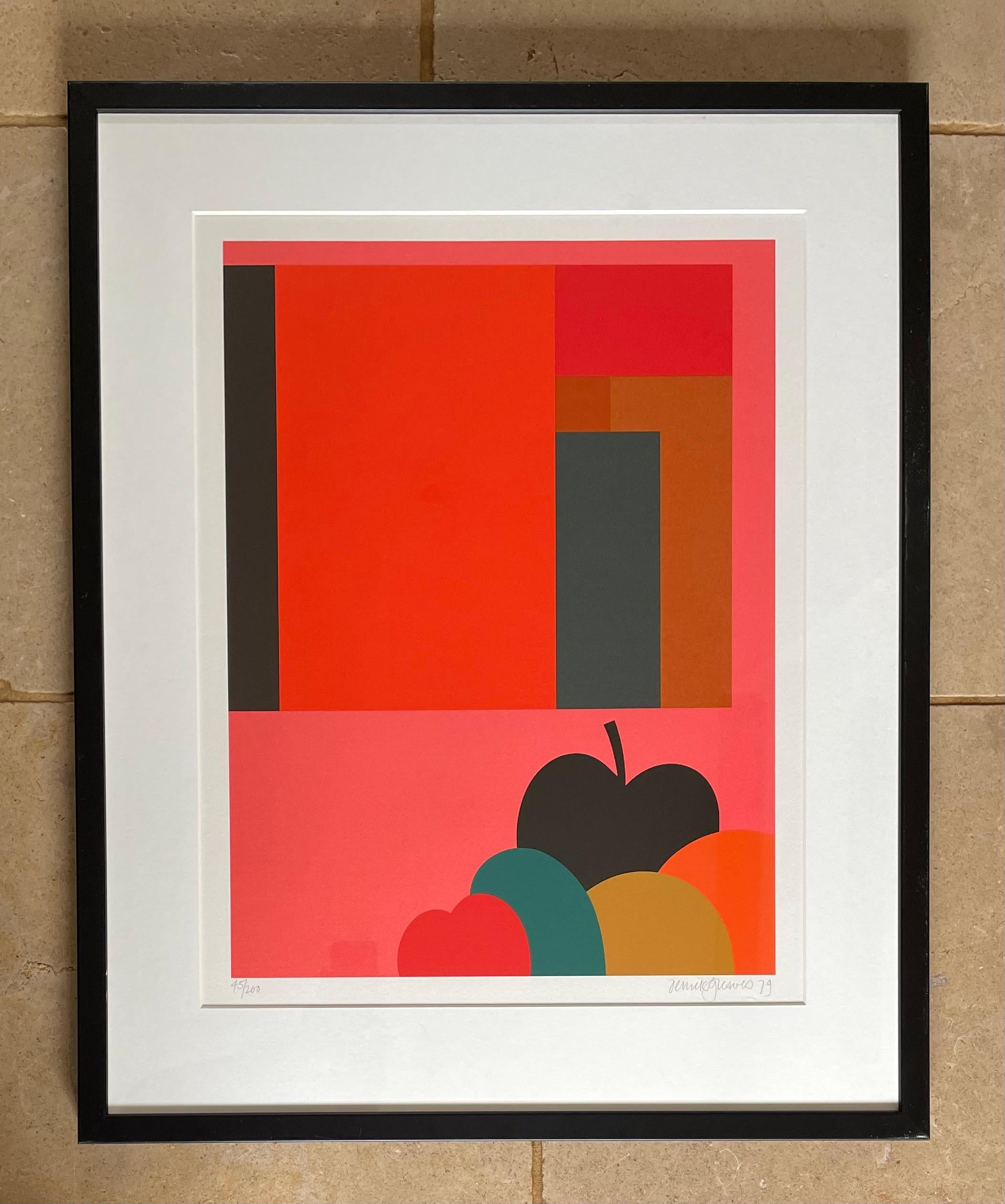 DERRICK GREAVES 
(1927-2022)

Abstract Painting with Fruit, 1979

Screenprint on paper
Signed and dated in pencil l.r.: Derrick Greaves 79, numbered in pencil l.l.: 45/200
Framed

Image size 50.5 by 38 cm., 20 by 15 ½ in.
(frame size 72.5 by 59 cm.
