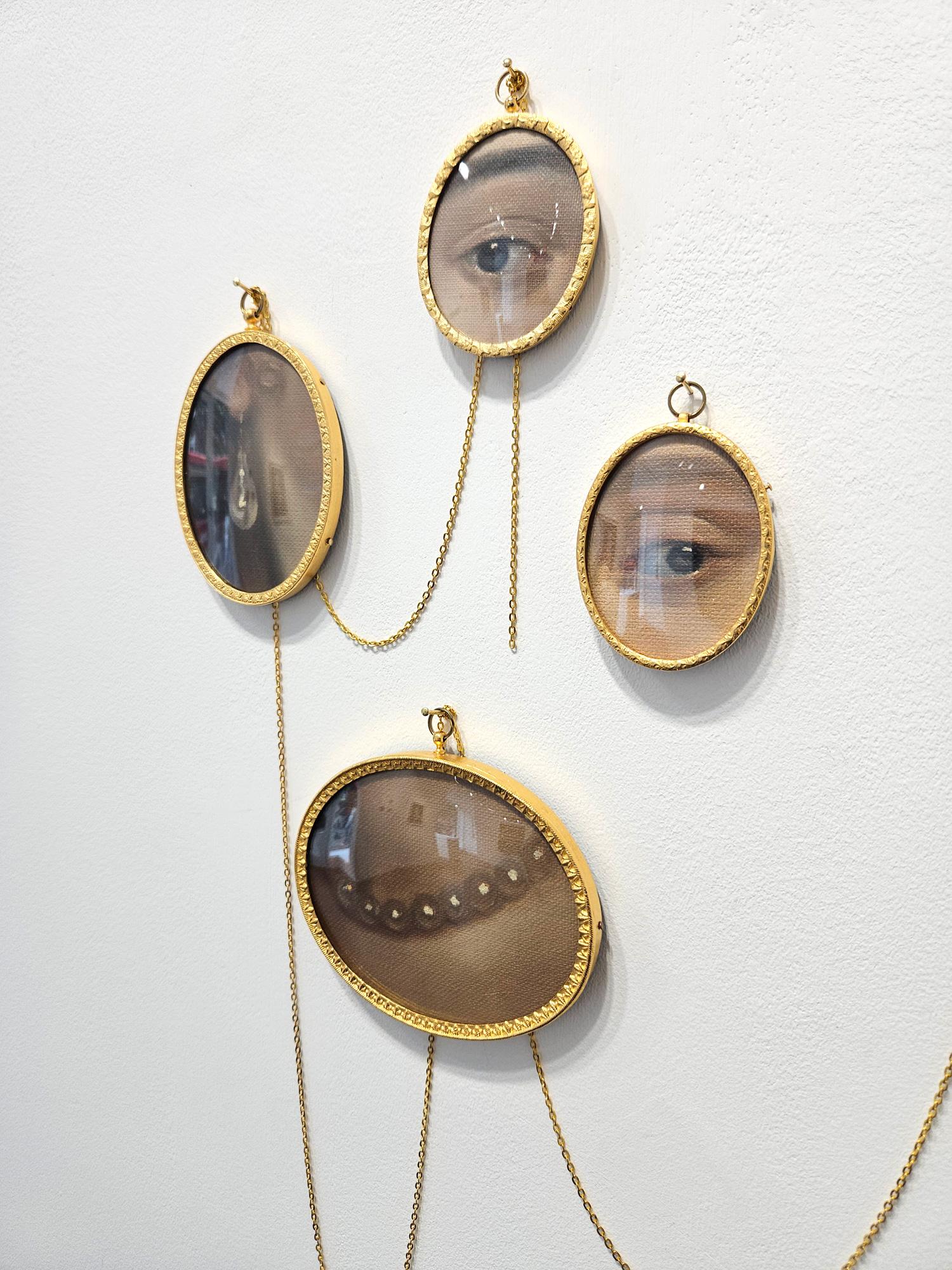 Dimensions variable: small ovals 5.5cm x 6.5cm; medium ovals 7.5cm x 9.5cm; large ovals 9cm x 11cm

Derrick Guild is a Scottish artist whose paintings fragment Old Master works to explore the social fabric beneath. His arrangements of Lover’s Eyes