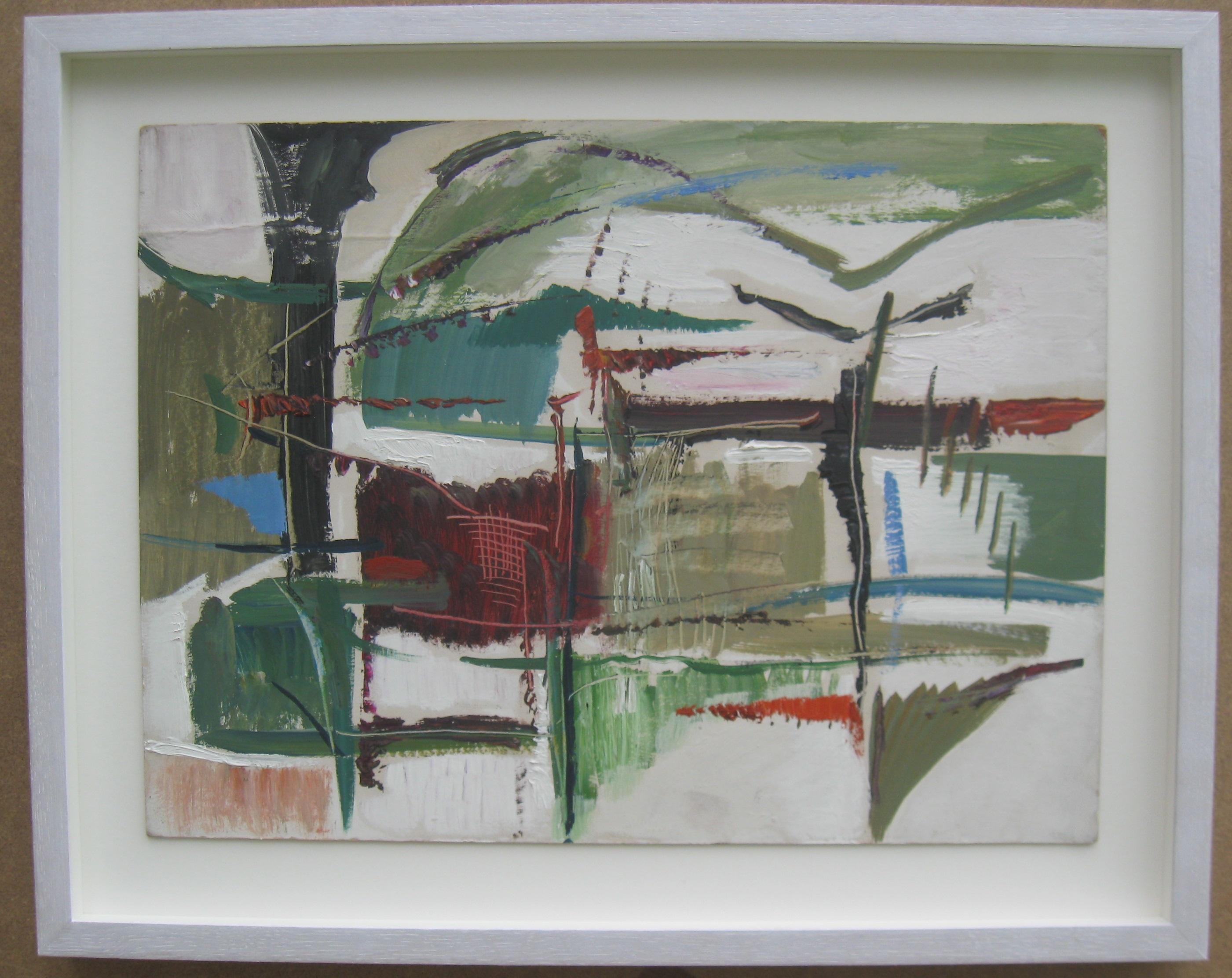Landscape Painting di Derrick Latimer Sayer - Paesaggio astratto, Cornovaglia", olio su tavola del 1970 circa.