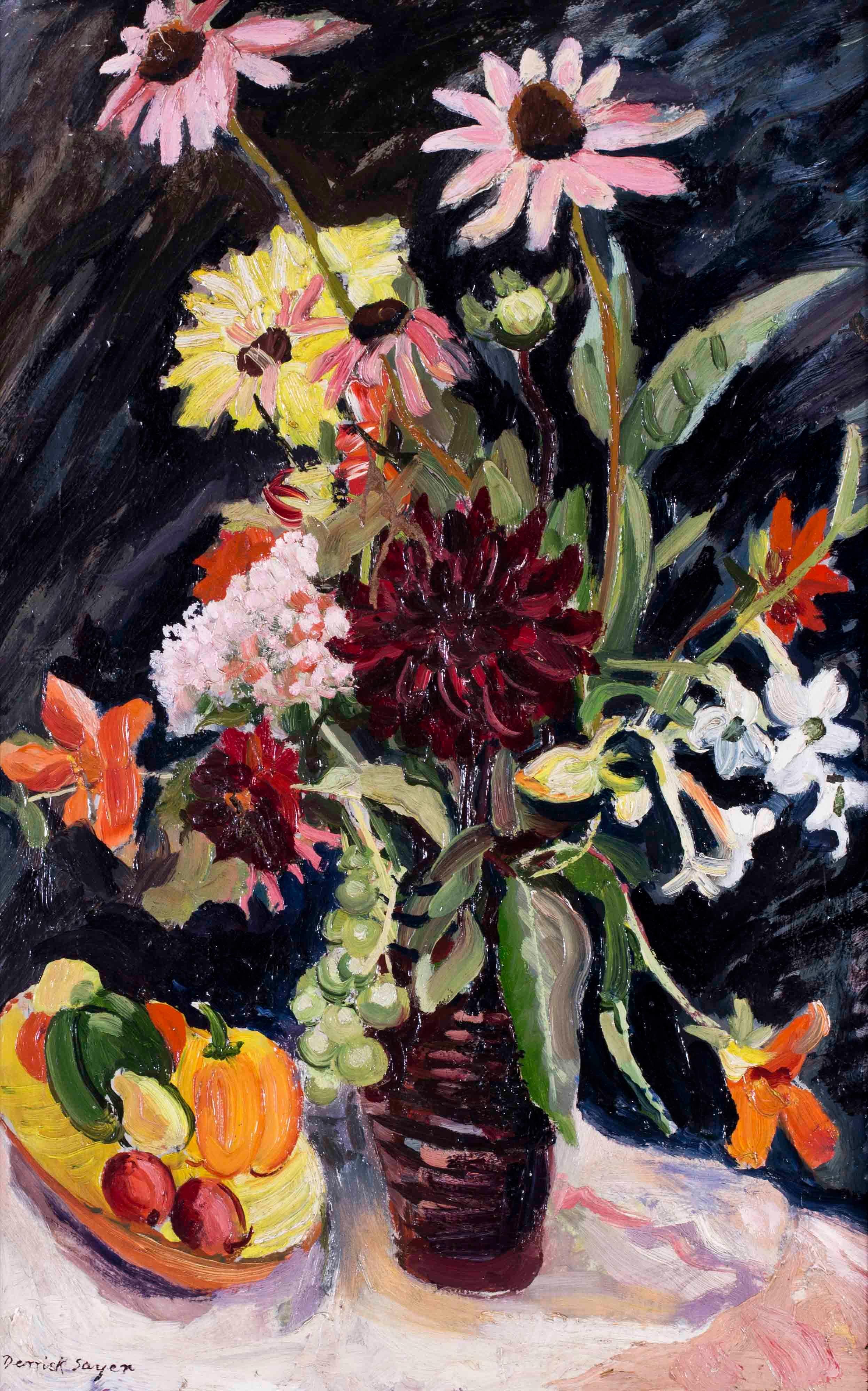 British 20th Century oil painting of a vase of flowers on a black background - Painting by Derrick Latimer Sayer