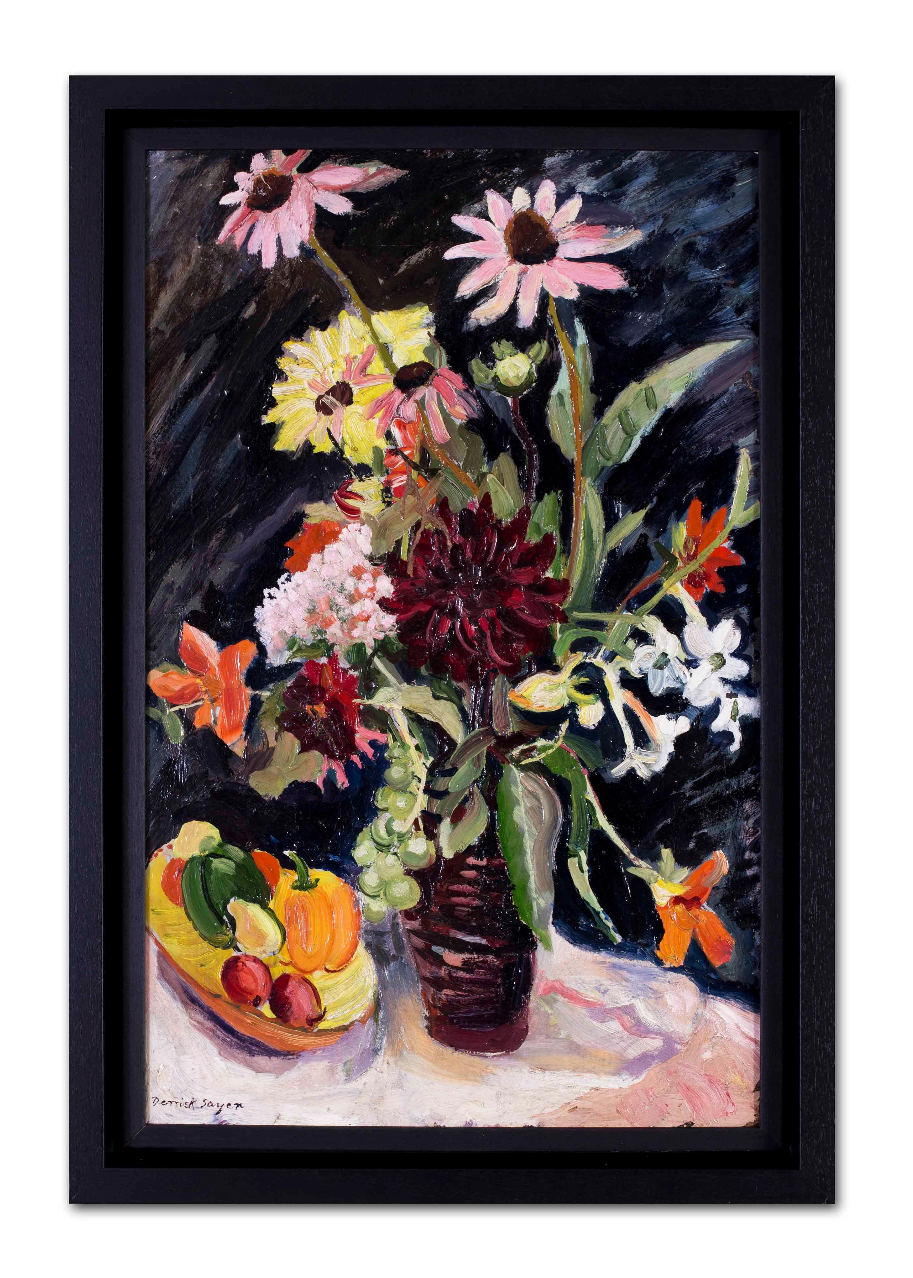 Derrick Latimer Sayer (British, 1917 – 1992)
Summer blooms and a fruit bowl
Oil on board
Signed Derrick Sayer (lower left)
26 x 16.1/2 in. (66 x 42cm.)

Sayer studied at the Chelsea School Art under Henry Moore and Graham Sutherland.  He spent time