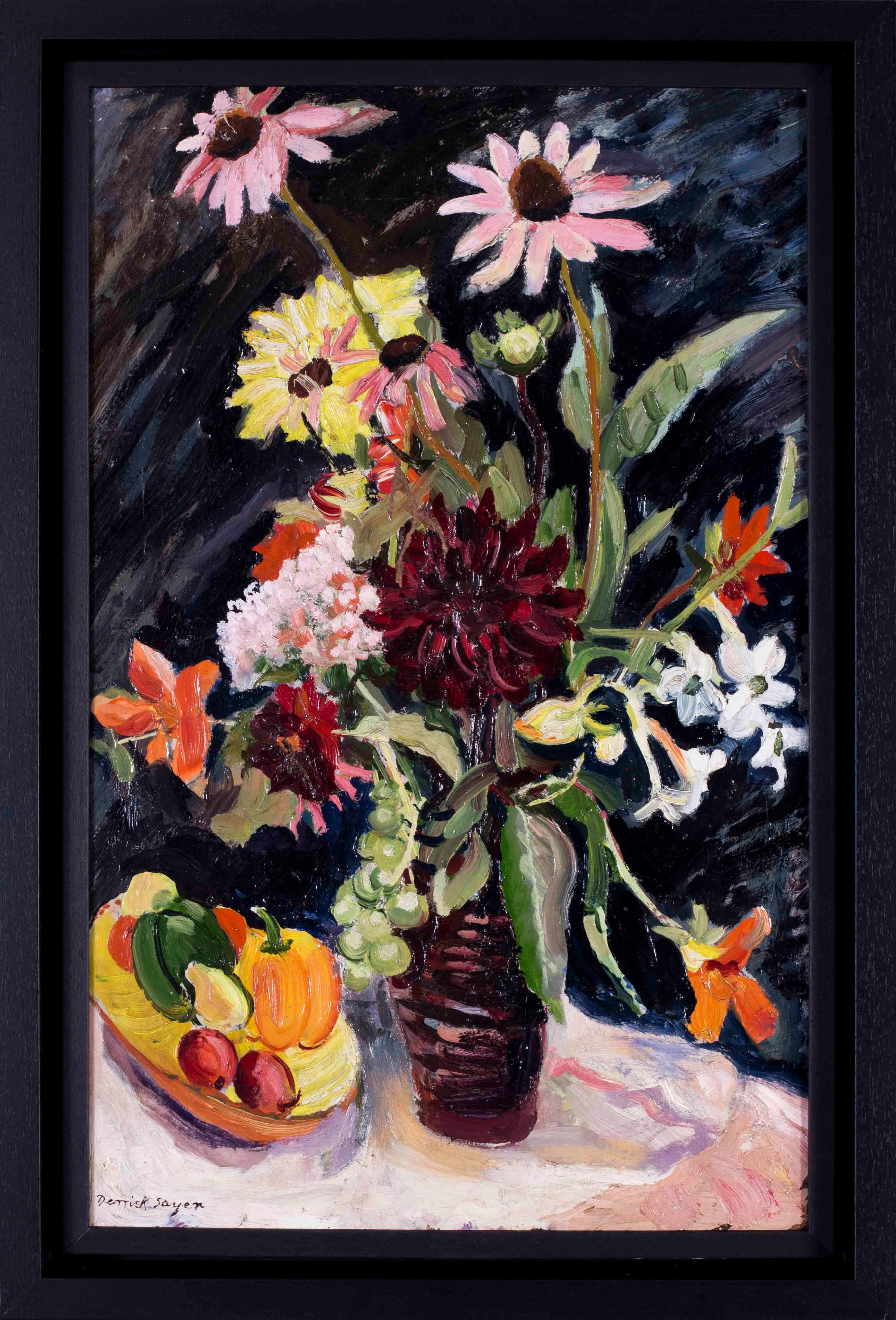 Derrick Latimer Sayer Still-Life Painting - British 20th Century oil painting of a vase of flowers on a black background