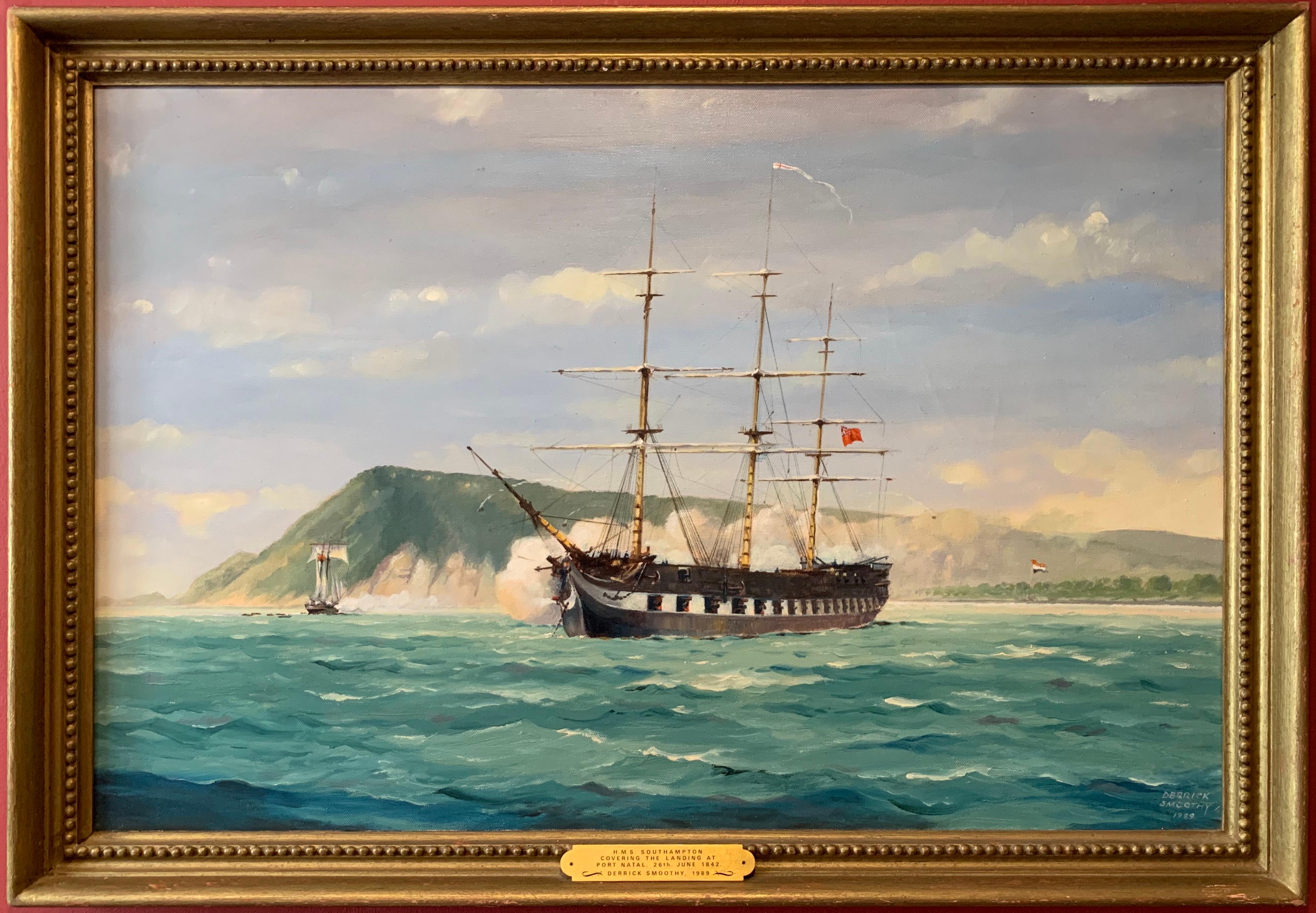 Derrick Smoothy Landscape Painting - HMS Southampton 1842 Original Maritime Oil Painting Ship Firing Salute