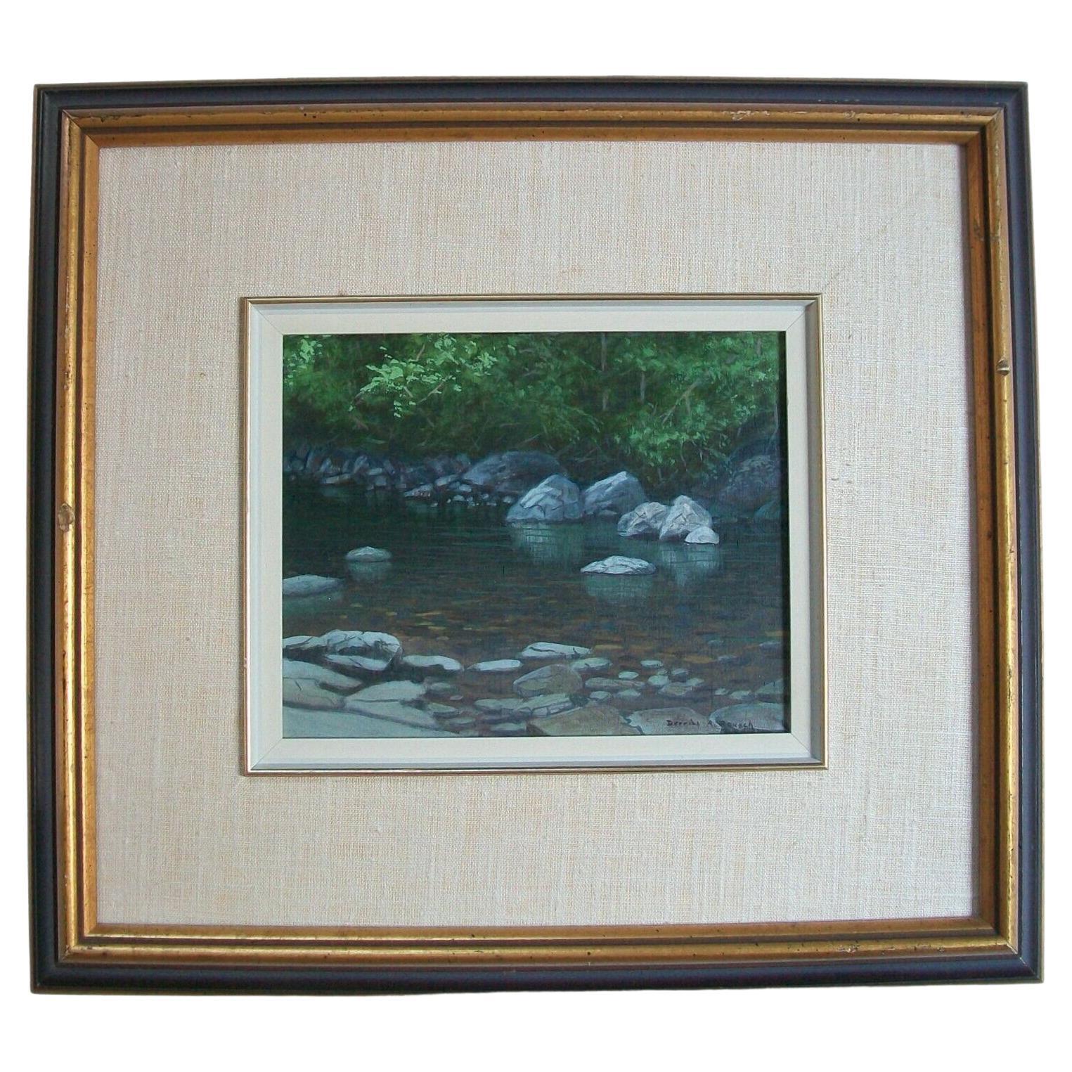 DERRILL ALLAN RAUSCH (1938-2007) - Untitled - British Columbia coastal landscape oil painting on Masonite panel - original gilded finish wood frame, beige linen liner and gilt edged filet - signed lower right - Canada - late 20th