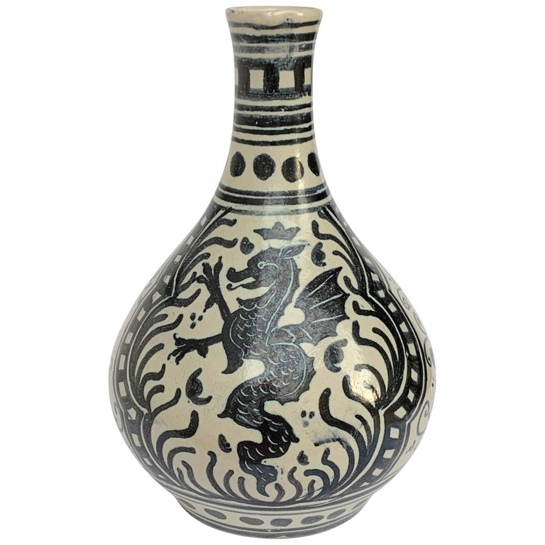 Deruta, Hand-Painted Ceramic Vase, Figure of a Dragon, Italy, 1960s For Sale