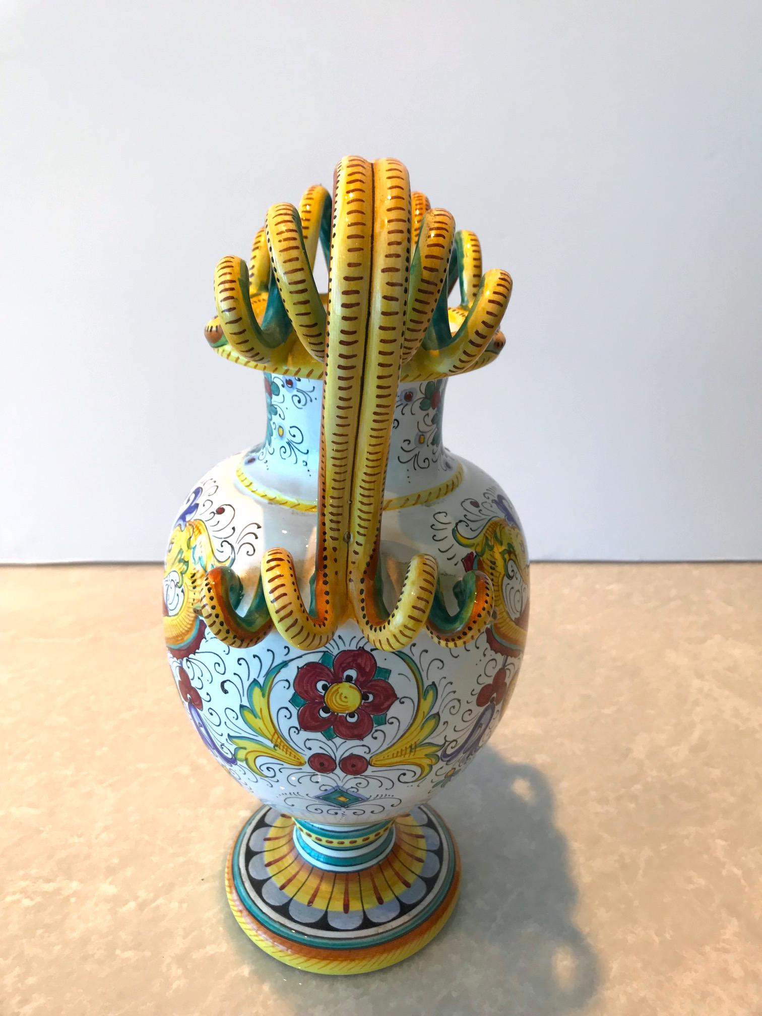 Italian Deruta Hand Painted Majolica Ceramic Vase with Serpentines, 1980s