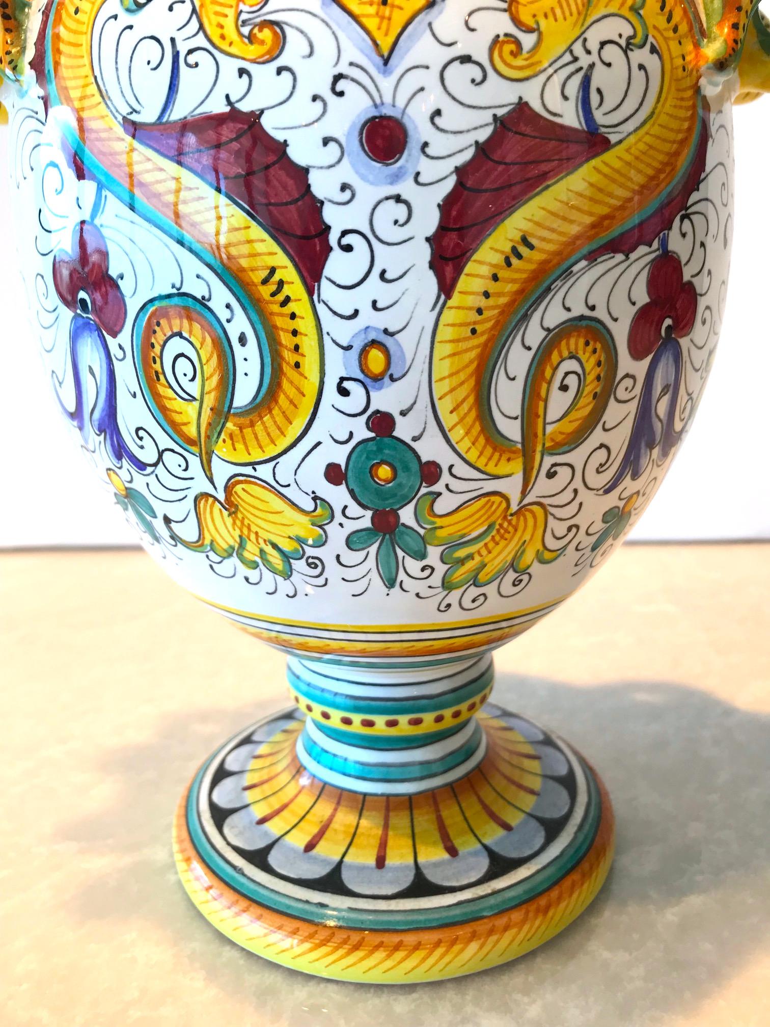 Glazed Deruta Hand Painted Majolica Ceramic Vase with Serpentines, 1980s