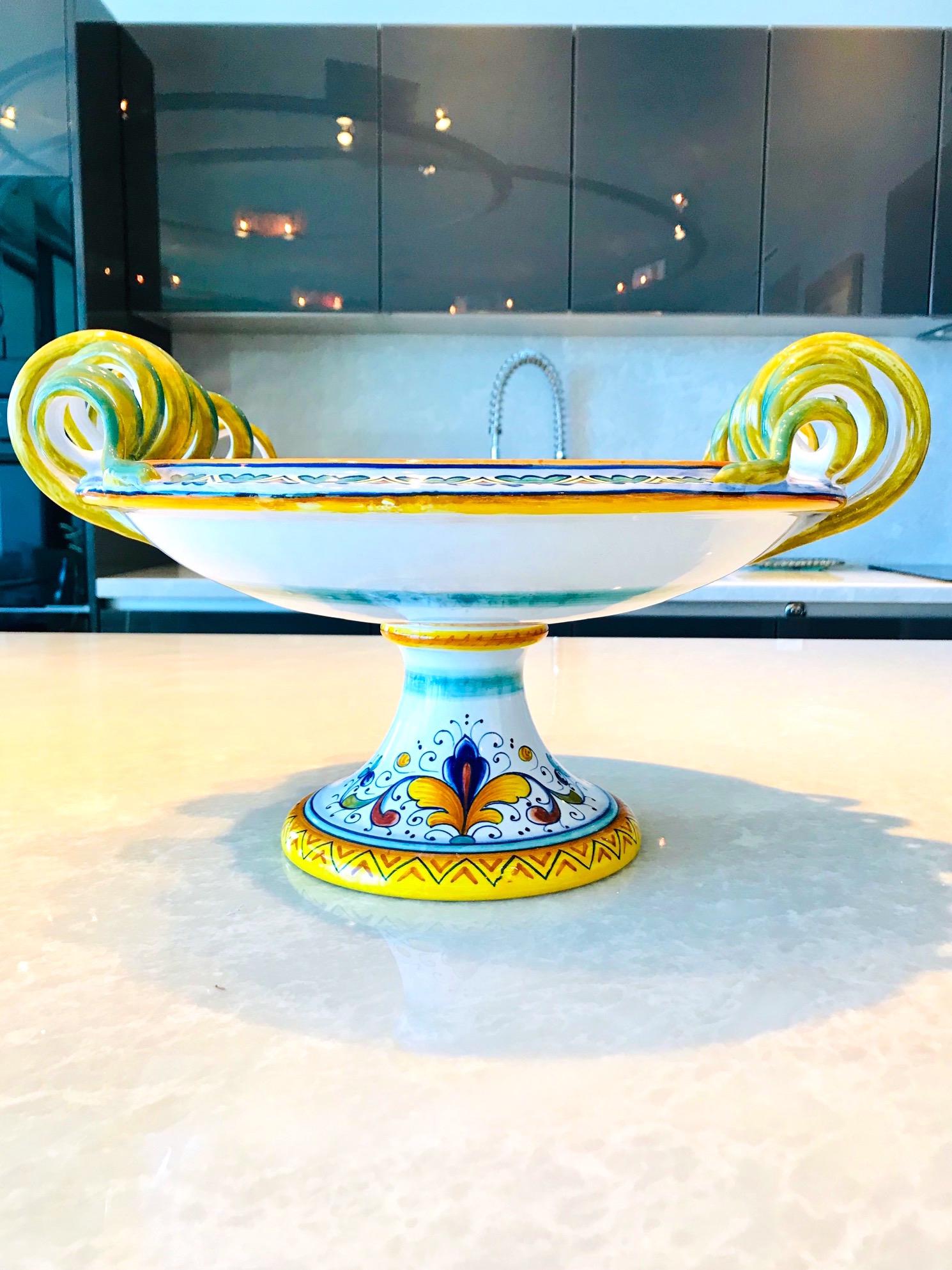 Deruta Hand Painted Majolica Pedestal Bowl with Serpentines, 1980s 3
