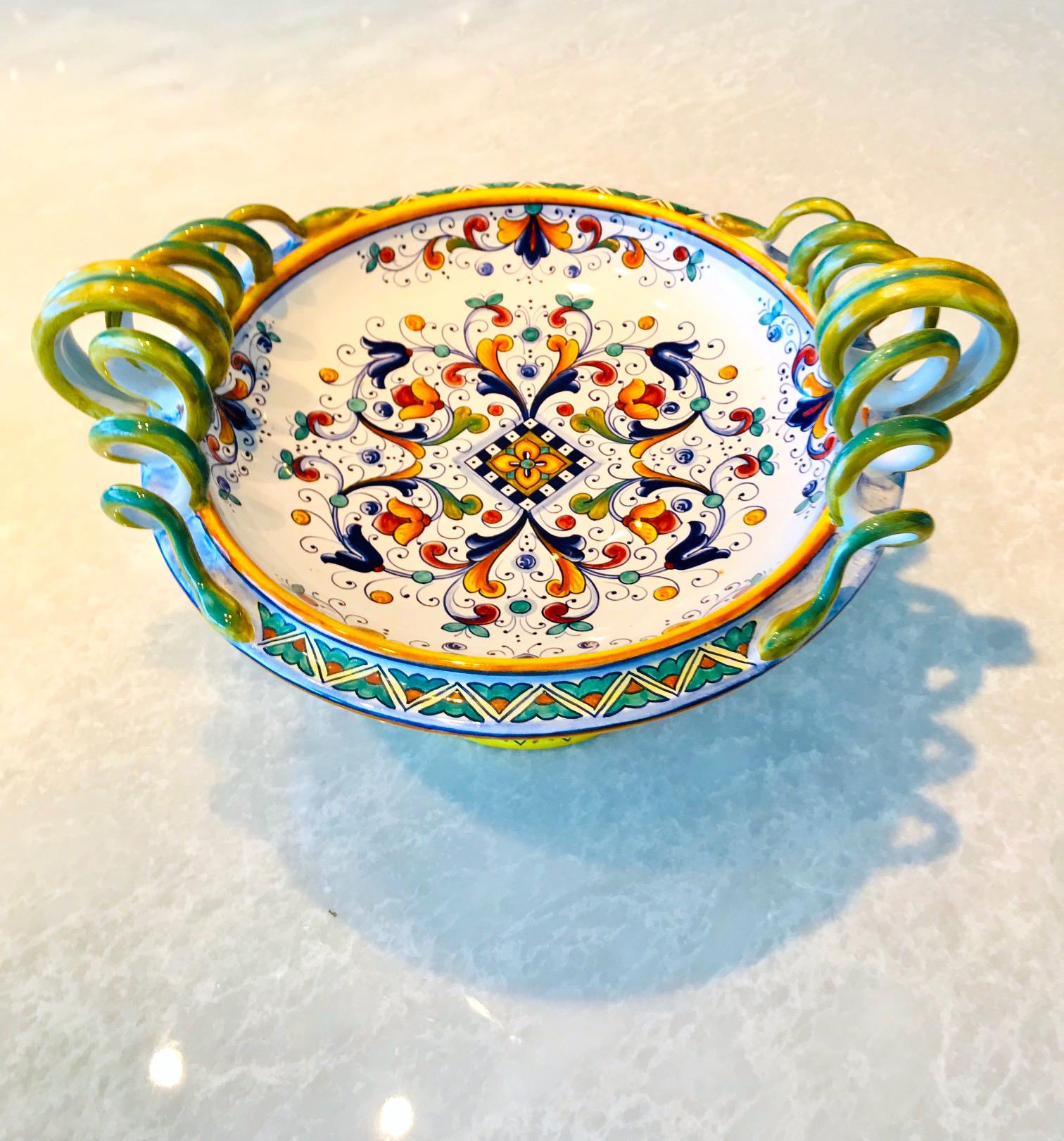 Deruta Hand Painted Majolica Pedestal Bowl with Serpentines, 1980s 1