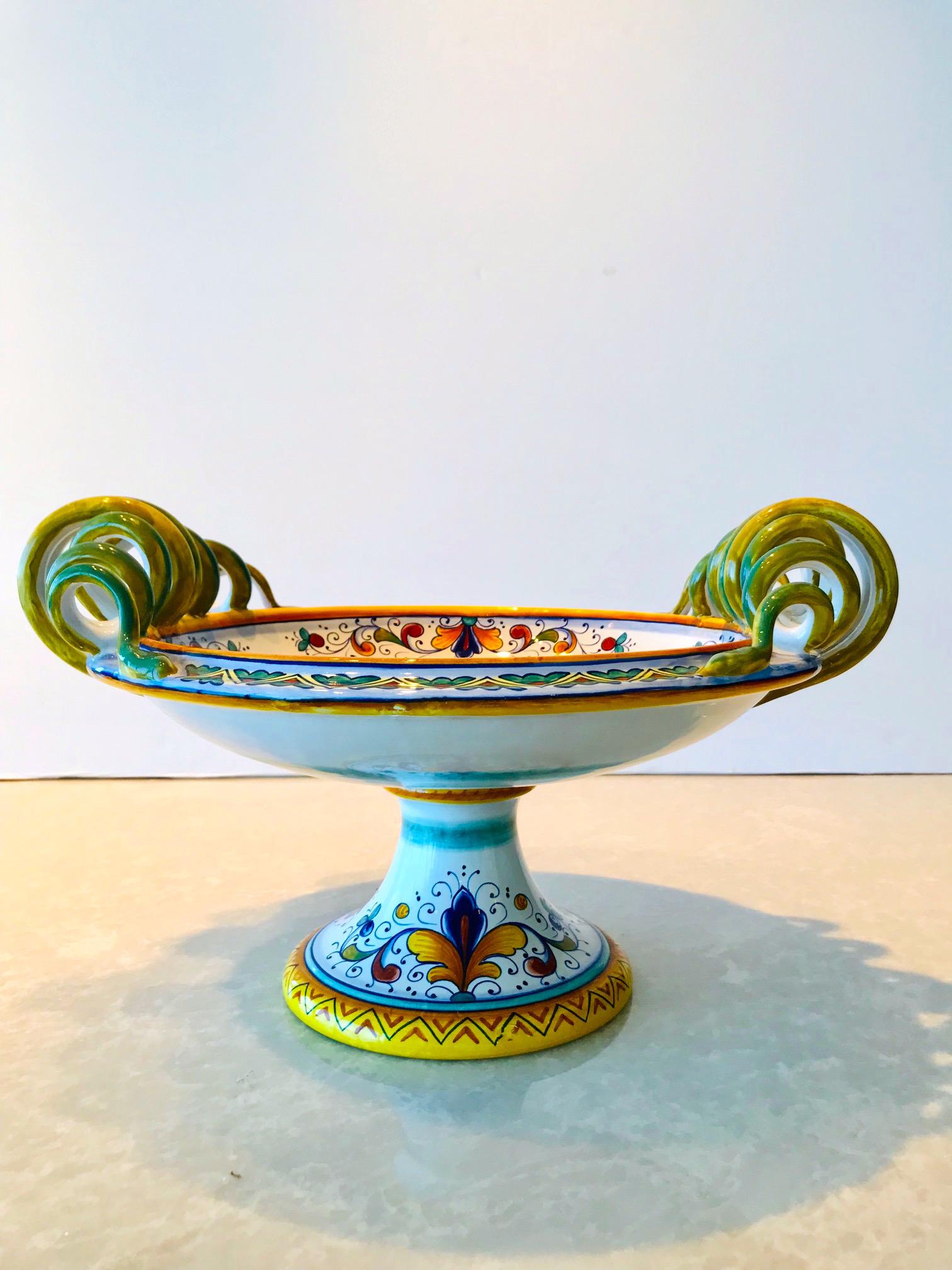Deruta Hand Painted Majolica Pedestal Bowl with Serpentines, 1980s 2