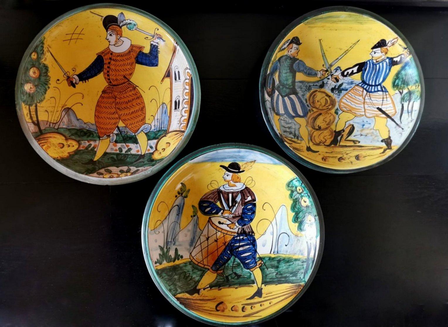 We kindly suggest you read the whole description, because with it we try to give you detailed technical and historical information to guarantee the authenticity of our objects. Three delightful and colorful round ceramic wall plates; they were
