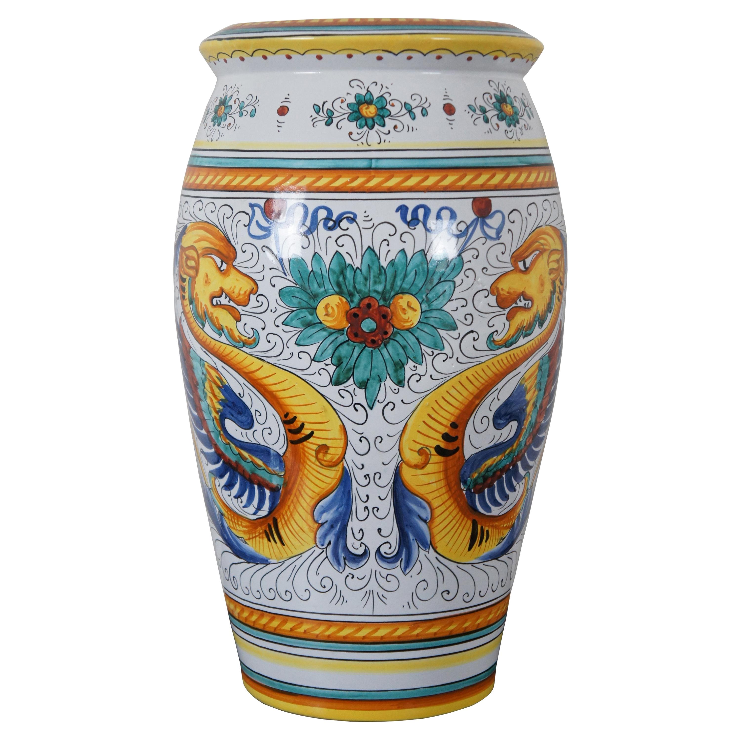 Deruta Italian Hand Painted Majolica Dragon Umbrella Stand Urn Floor Vase