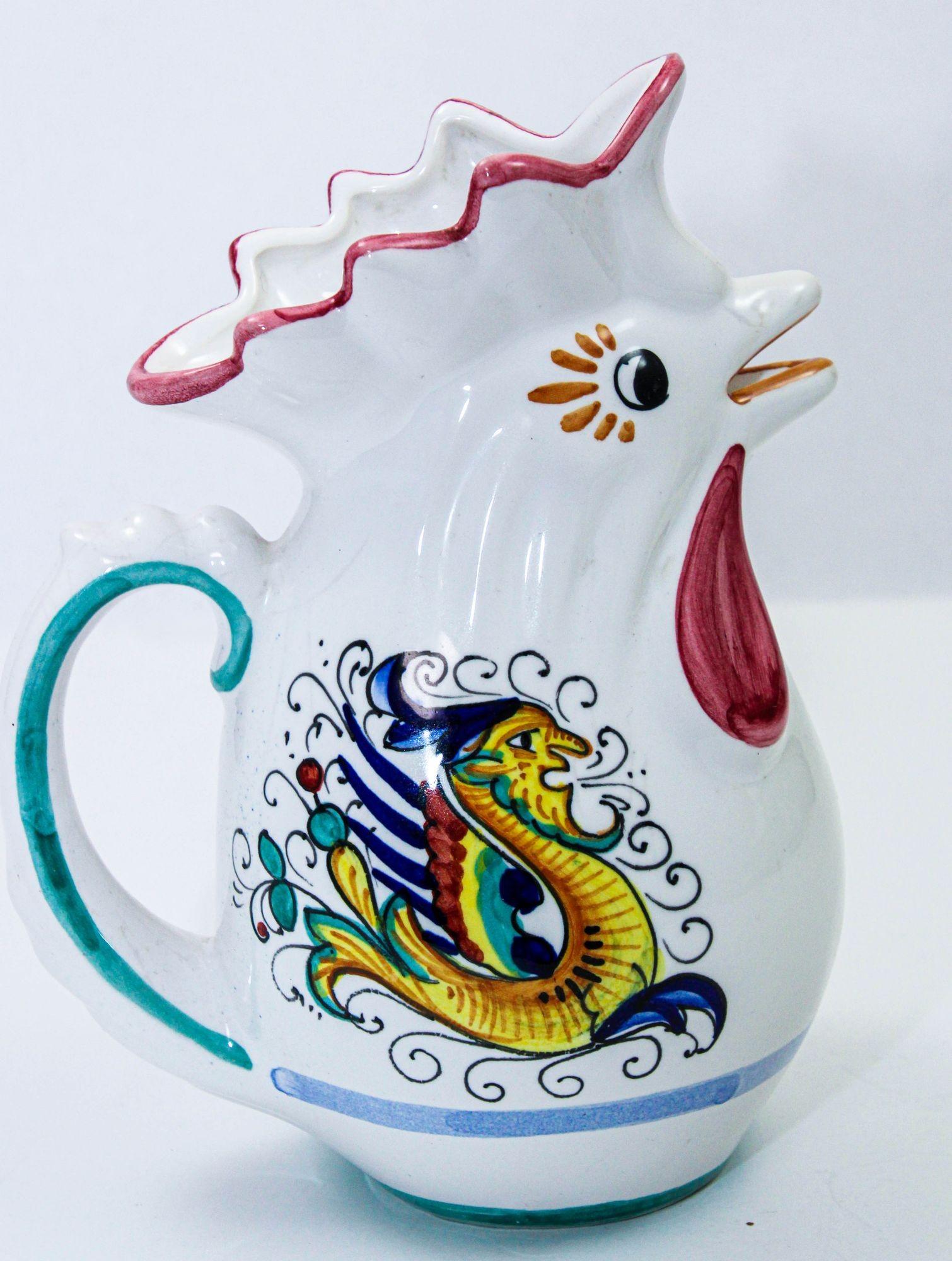 Deruta Italian Lucky Rooster Chicken Ceramic Pitcher Hand Painted Signed For Sale 6