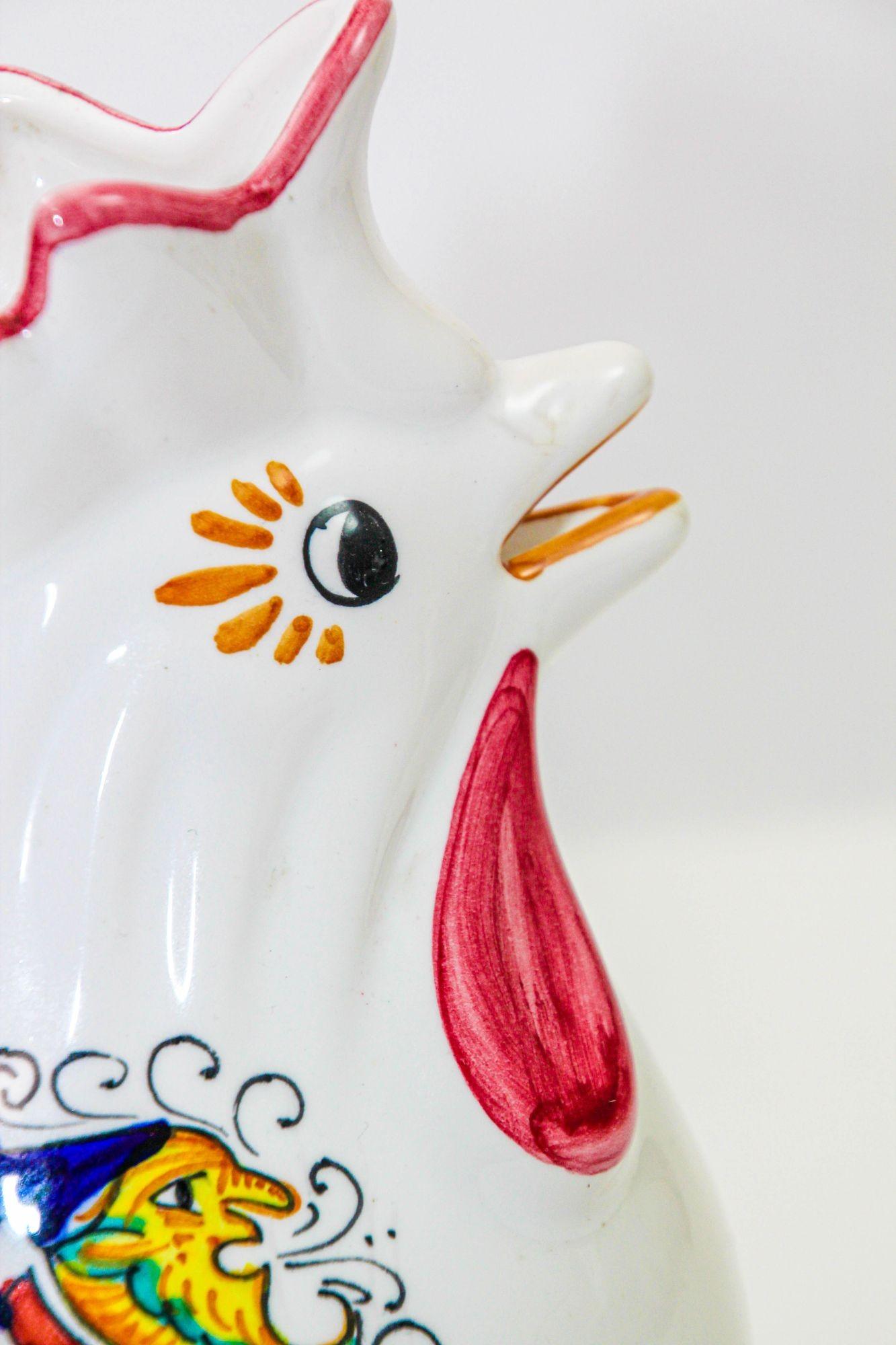 Deruta Italian Lucky Rooster Chicken Ceramic Pitcher Hand Painted Signed For Sale 4