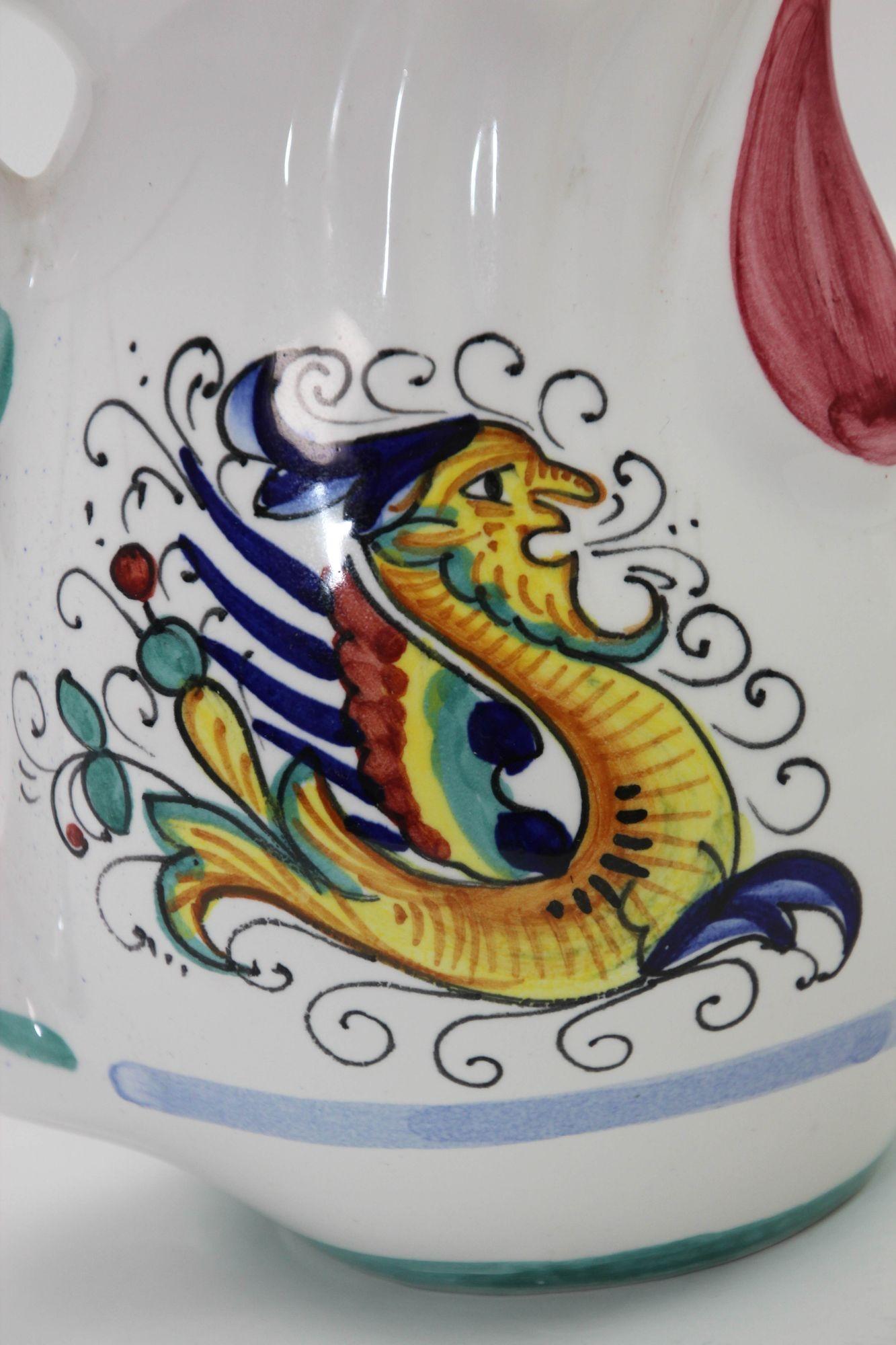 Baroque Deruta Italian Lucky Rooster Chicken Ceramic Pitcher Hand Painted Signed For Sale
