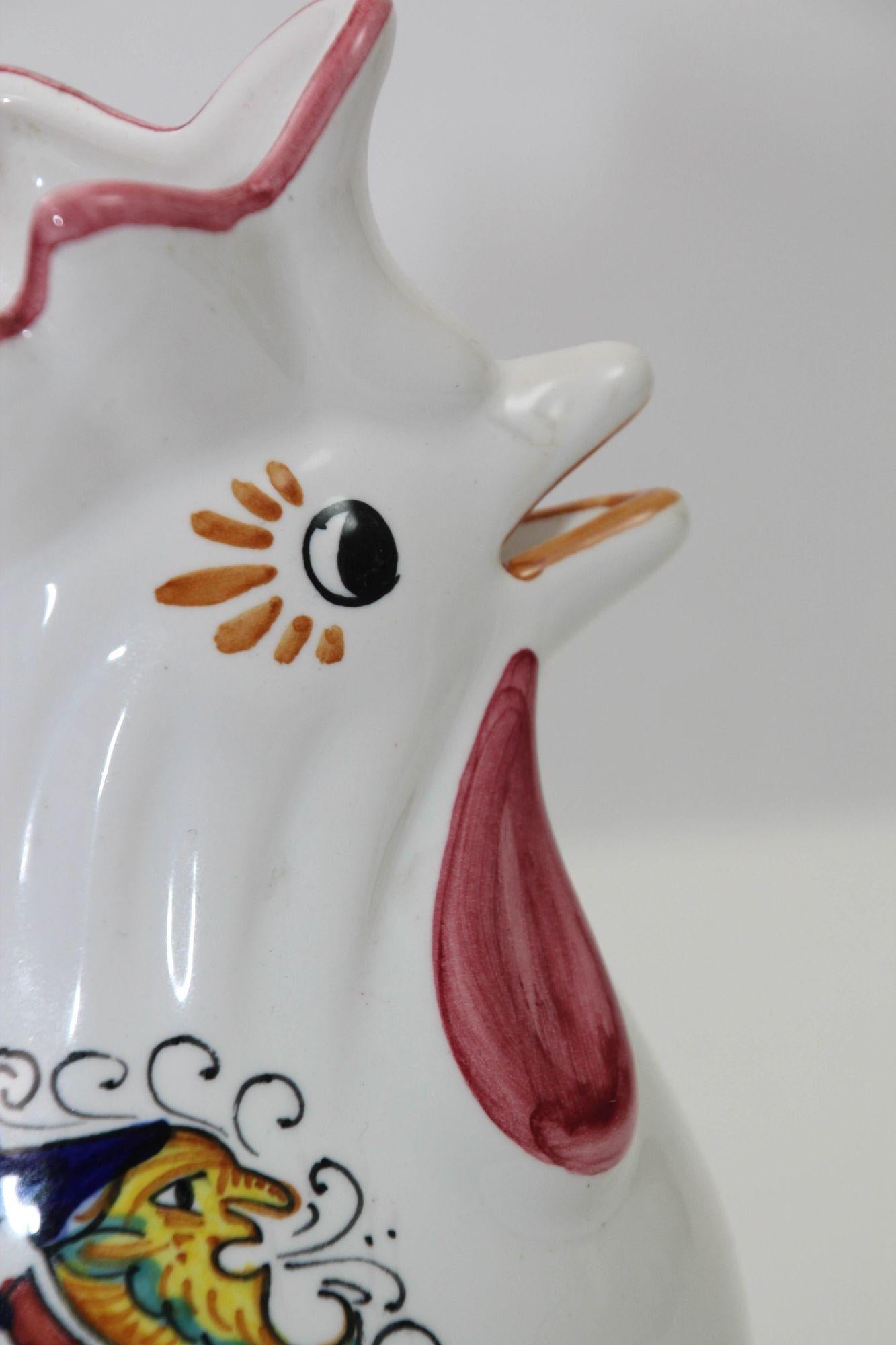 Hand-Crafted Deruta Italian Lucky Rooster Chicken Ceramic Pitcher Hand Painted Signed For Sale