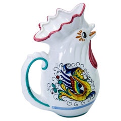 Antique Deruta Italian Lucky Rooster Chicken Ceramic Pitcher Hand Painted Signed