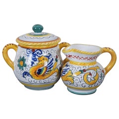 Vintage Deruta Italian Majolica Sugar Bowl & Creamer Raffaellesco Dragon Coffee Tea