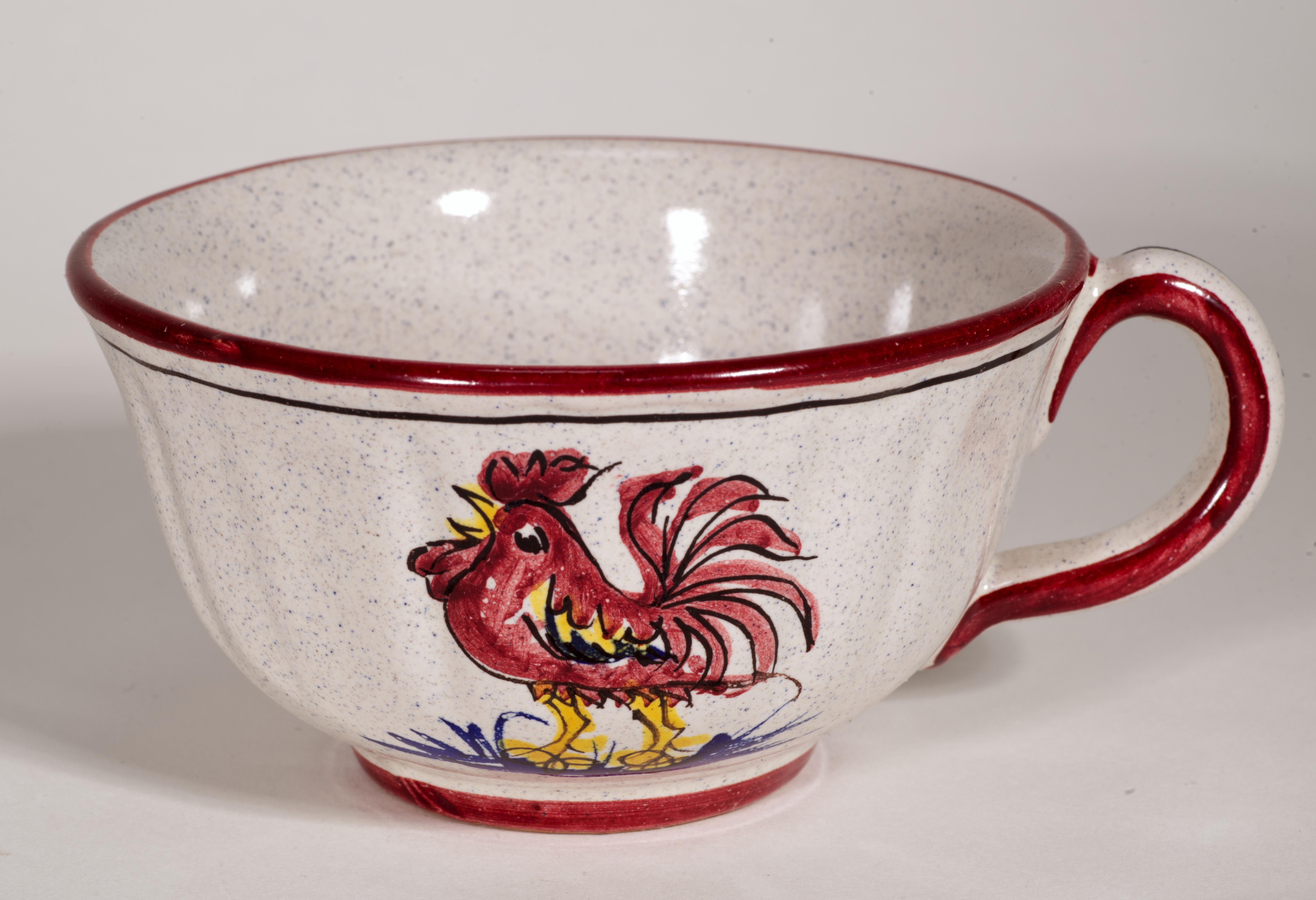 Juego de 4 tazas, platillos y platos de mayólica del Gallo Rojo de Deruta para PV, mediados de siglo en venta 2