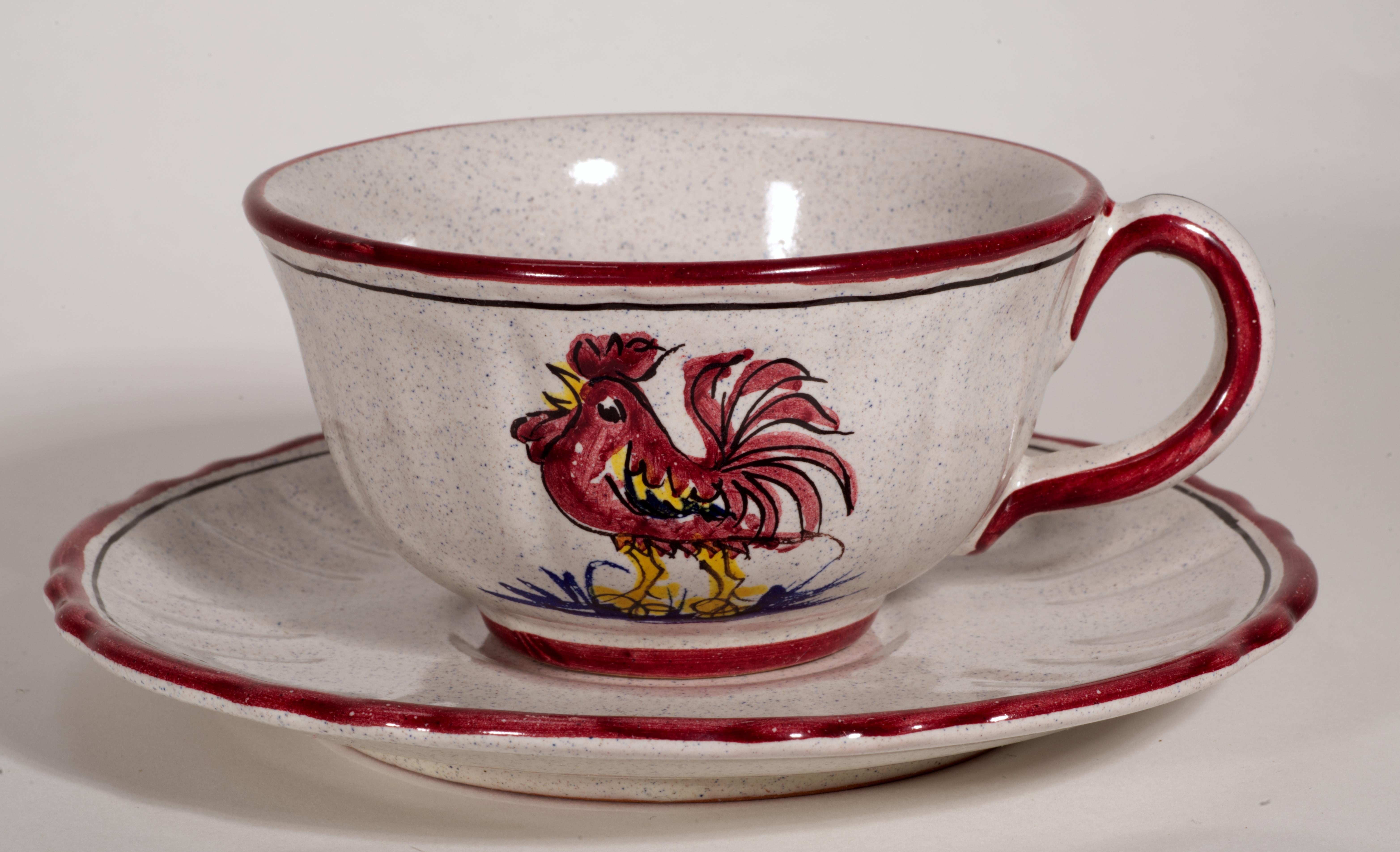 Juego de 4 tazas, platillos y platos de mayólica del Gallo Rojo de Deruta para PV, mediados de siglo en venta 6