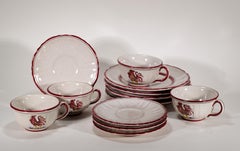 Deruta Rote Hahn Majolika-Set aus 4 Tassen, Untertassen und Tellern für PV, Mitte des Jahrhunderts