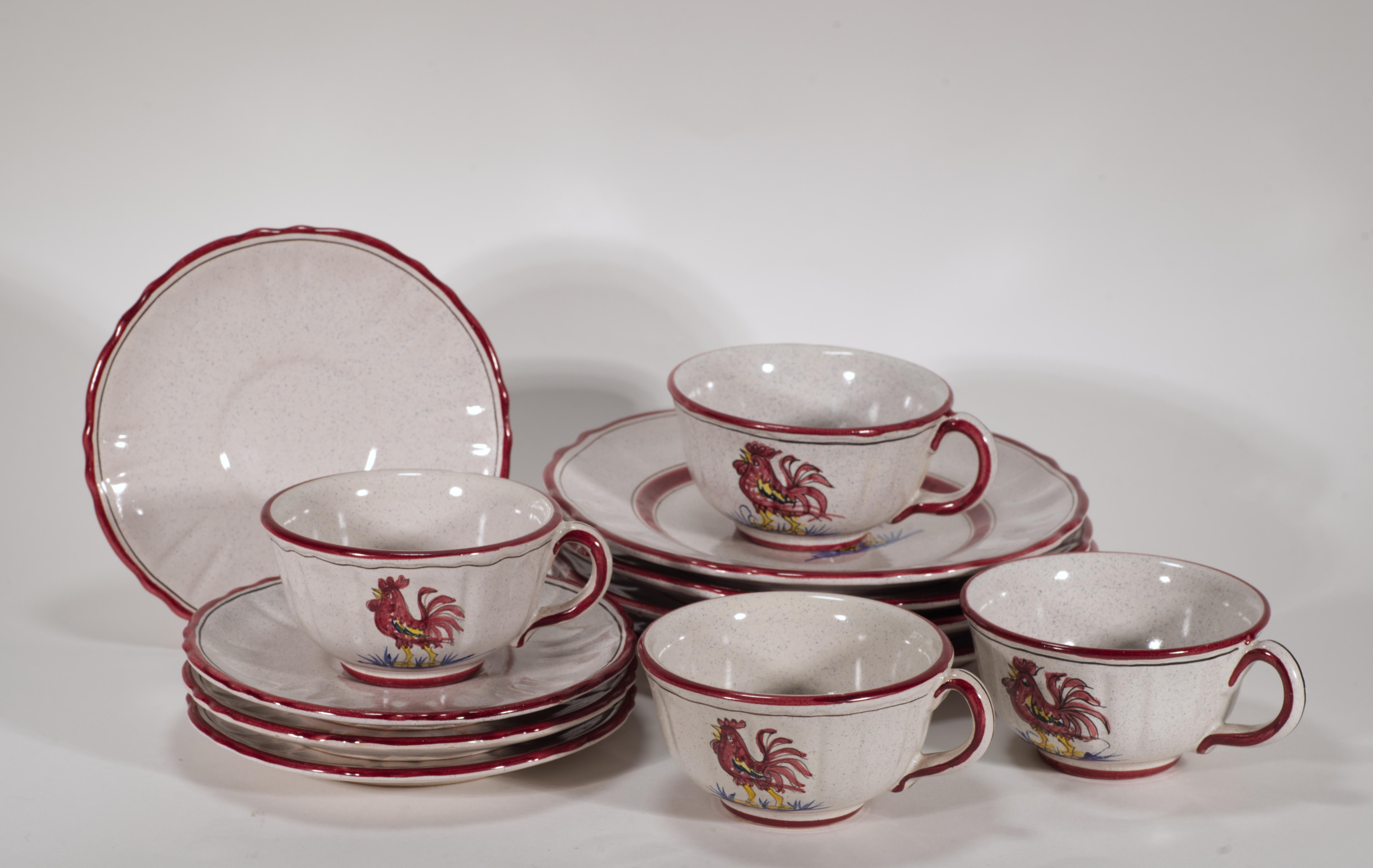 Juego de 4 tazas, platillos y platos de mayólica del Gallo Rojo de Deruta para PV, mediados de siglo Moderno de mediados de siglo en venta