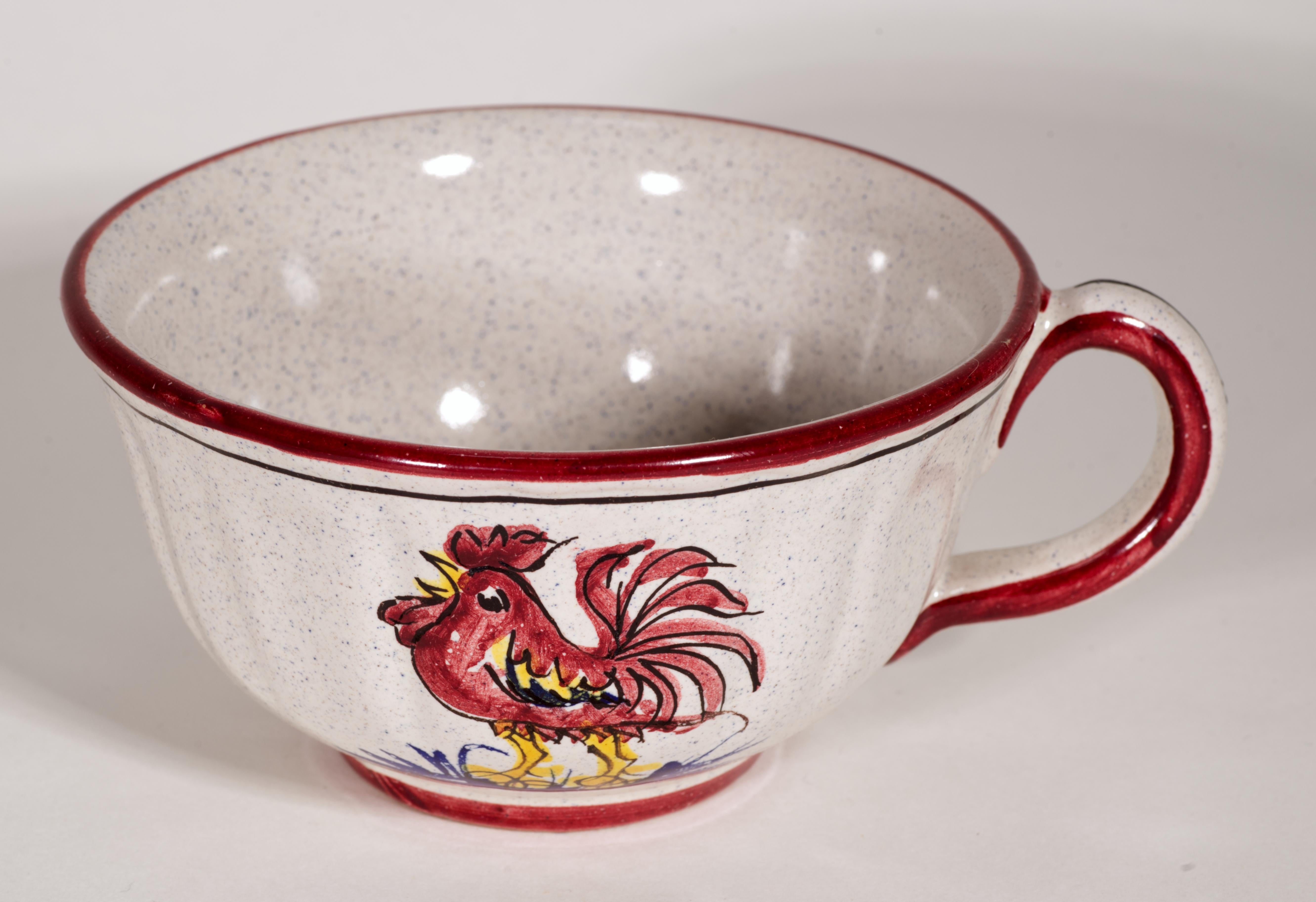 Juego de 4 tazas, platillos y platos de mayólica del Gallo Rojo de Deruta para PV, mediados de siglo en venta 1