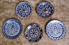 Deruta  Set Of 5 Italian Ceramic Plates With Cobalt Blue Decorations