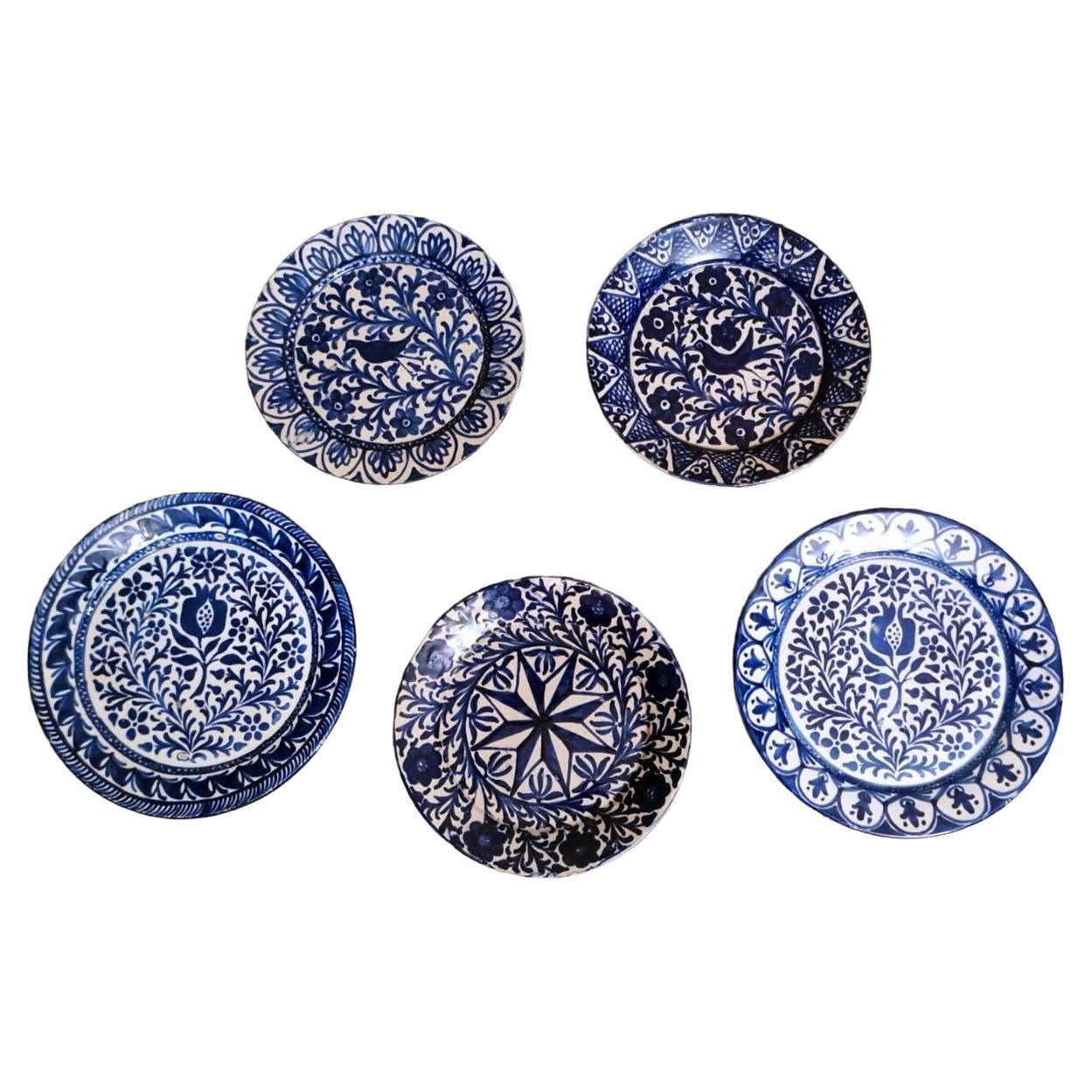 Deruta  Set Of 5 Italian Ceramic Plates With Cobalt Blue Decorations