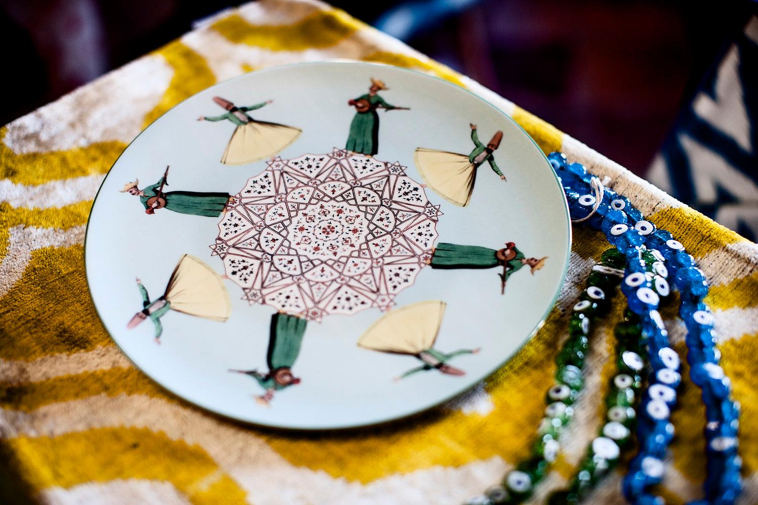 Contemporary dinner plate 'Dervishes' designed by Vito Nesta for Les-Ottomans, a magical trip in an ottoman world made of exotic animals and characters such as dervishes, dancers, soldiers and musicians. A collection of 12 pieces that will bring