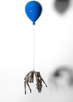 Abandon - woman, figurative, blue balloon, suspended steel sculpture