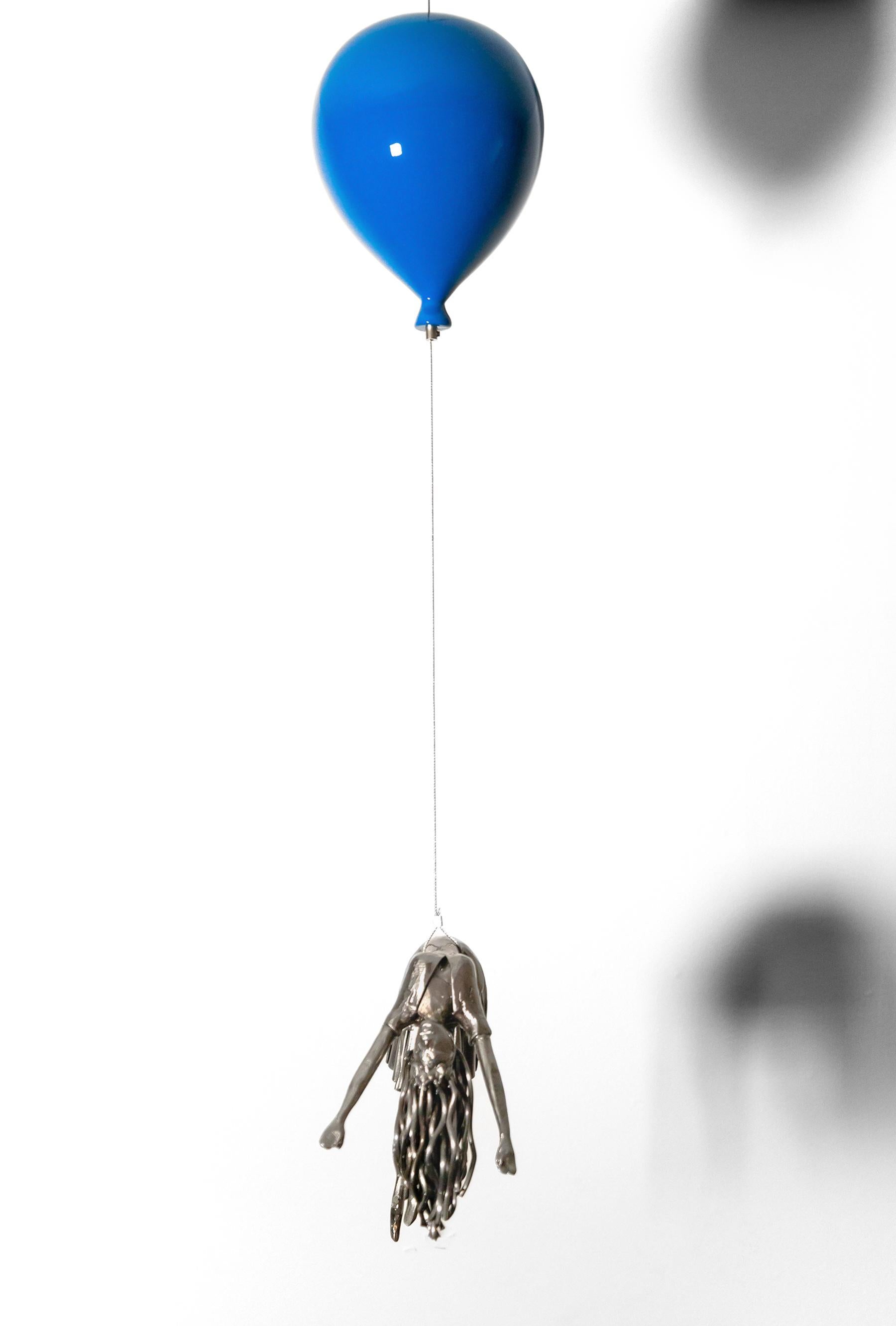 Abandon - woman, figurative, blue balloon, suspended steel sculpture For Sale 1