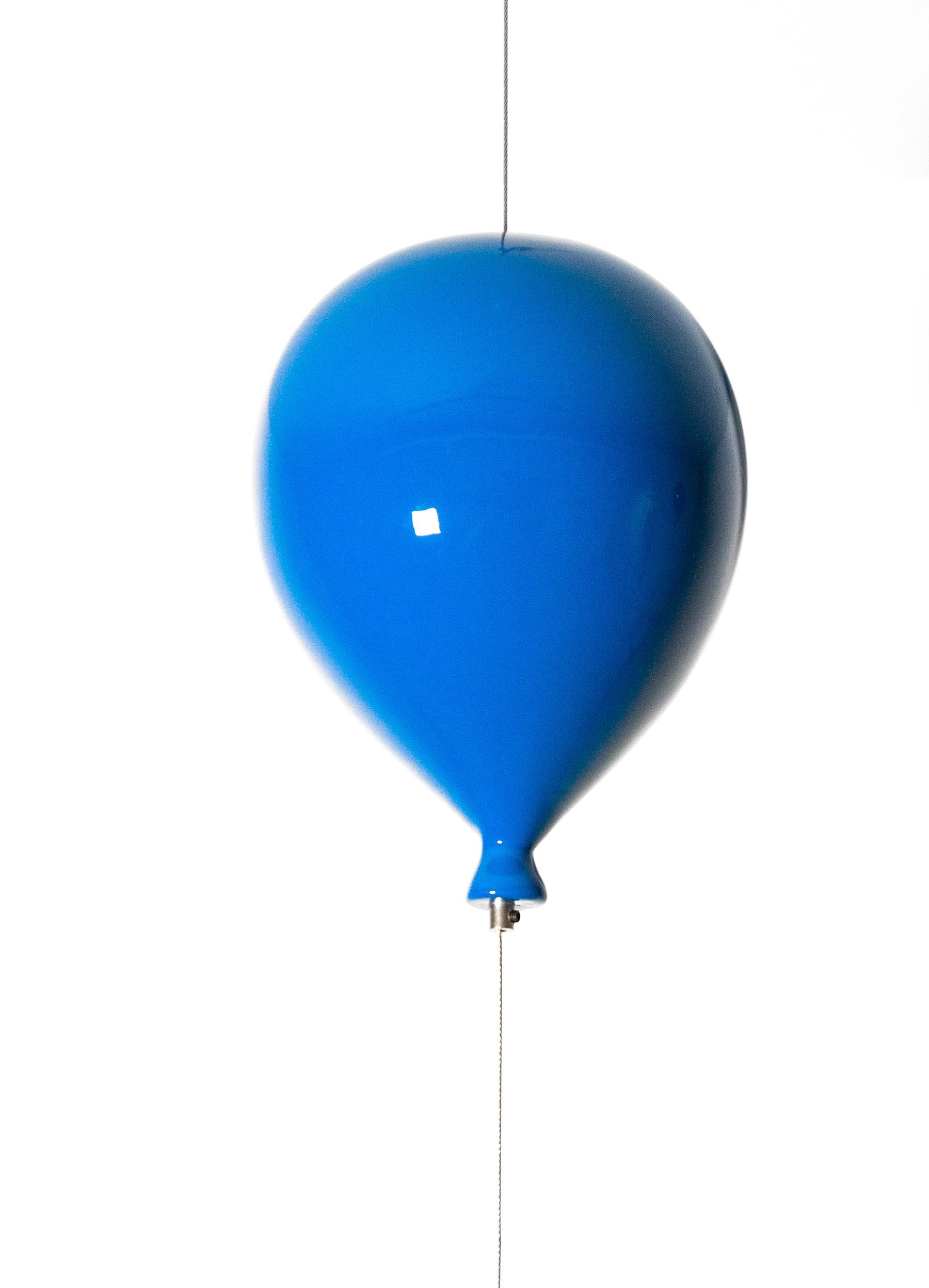 Abandon - woman, figurative, blue balloon, suspended steel sculpture 1