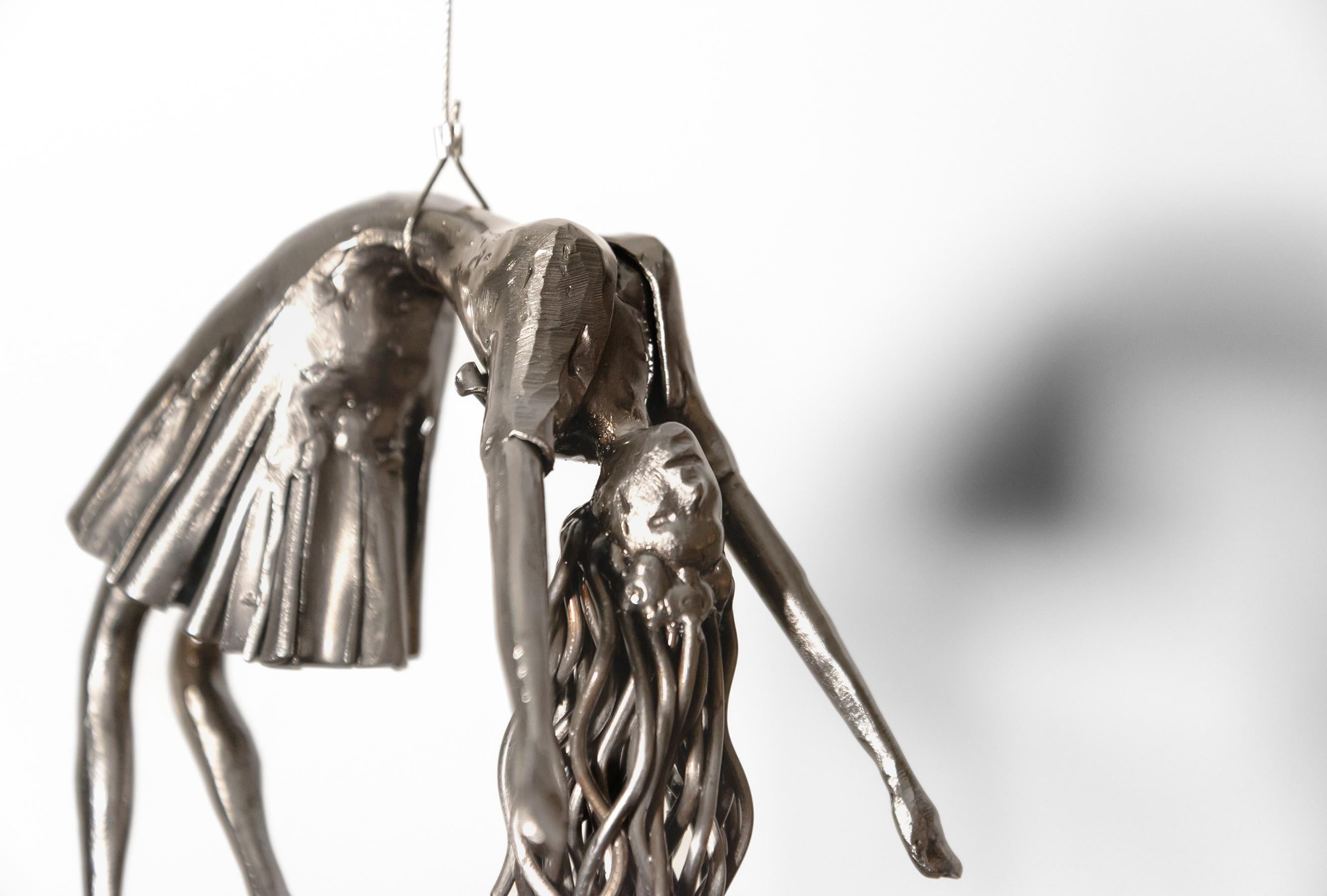 Abandon - woman, figurative, blue balloon, suspended steel sculpture For Sale 5