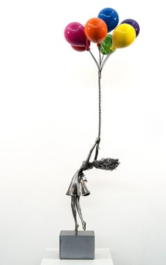 Blowing In The Wind - woman, figure, steel, colorful, balloons, sculpture