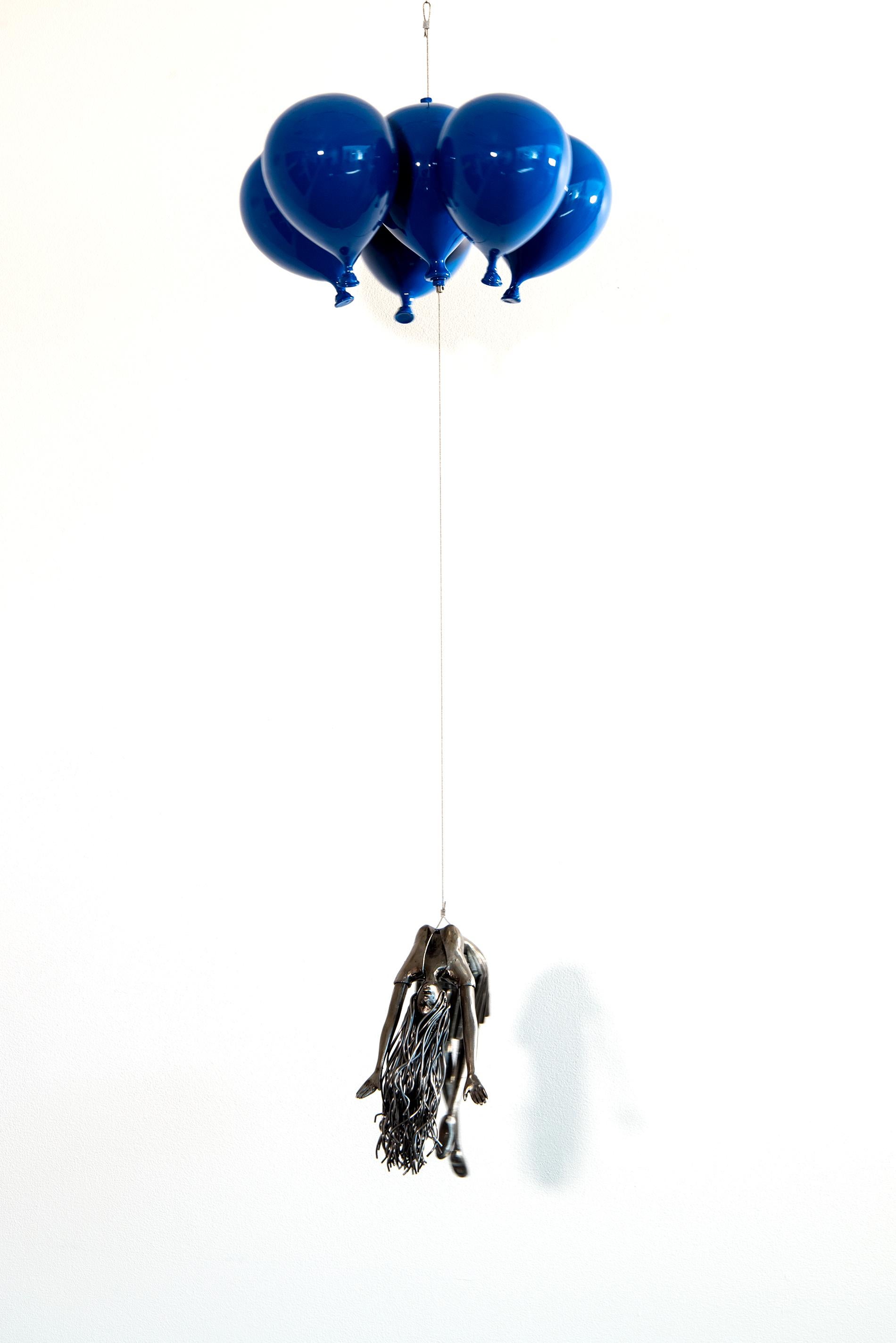 Blue is My Colour - woman, steel, colourful, blue, balloons, suspended sculpture - Contemporary Mixed Media Art by Derya Ozparlak