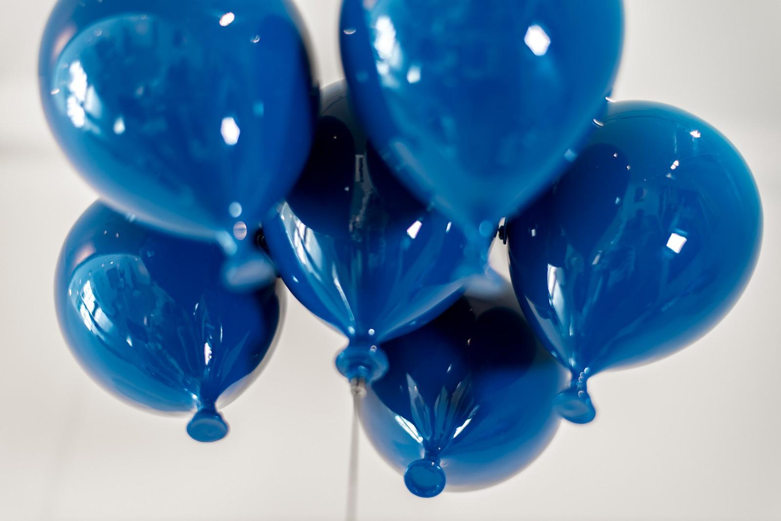 Blue is My Colour - woman, steel, colourful, blue, balloons, suspended sculpture 2