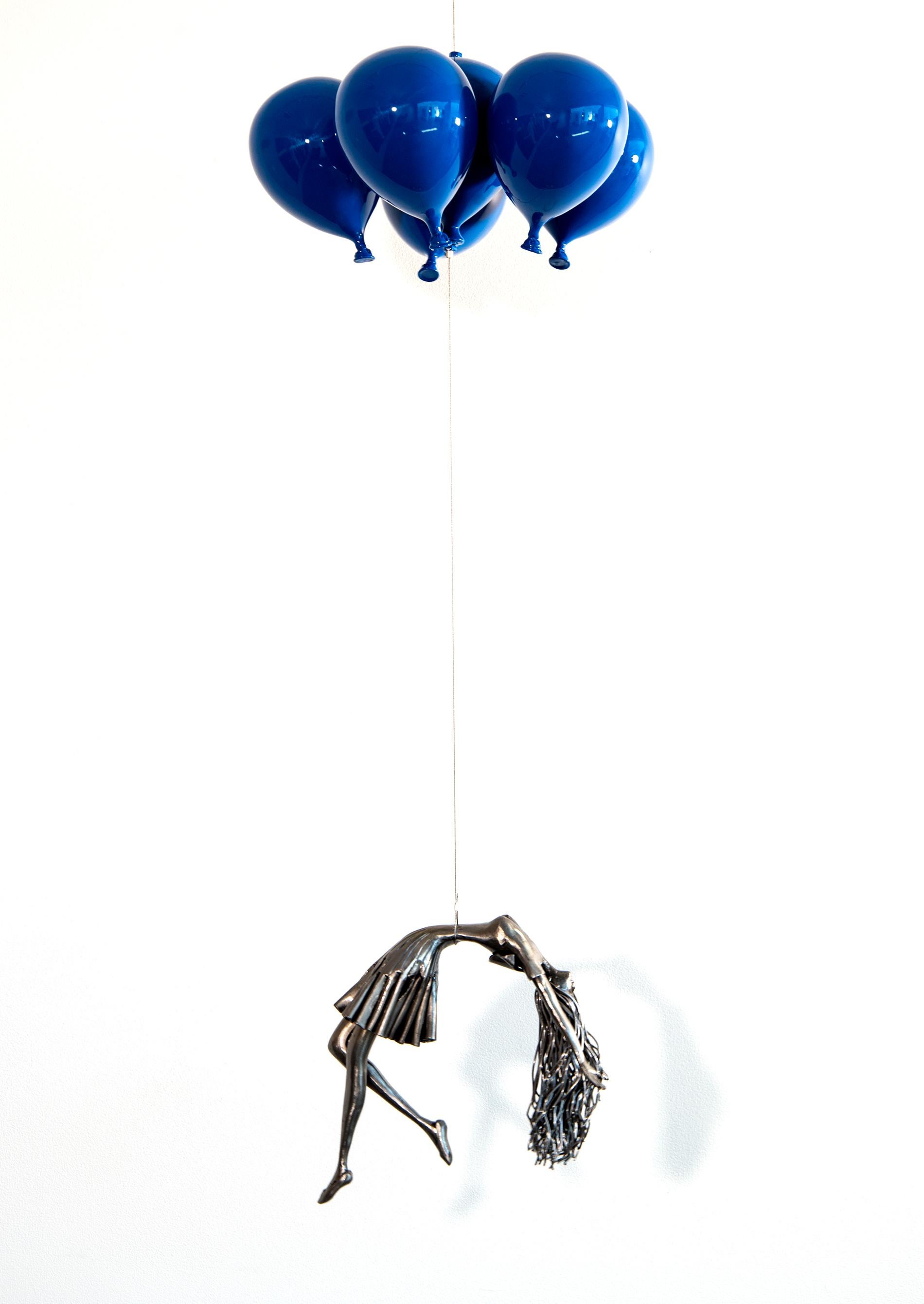 Blue is My Colour - woman, steel, colourful, blue, balloons, suspended sculpture - Mixed Media Art by Derya Ozparlak
