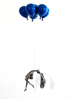 Blue is My Colour - woman, steel, colourful, blue, balloons, suspended sculpture