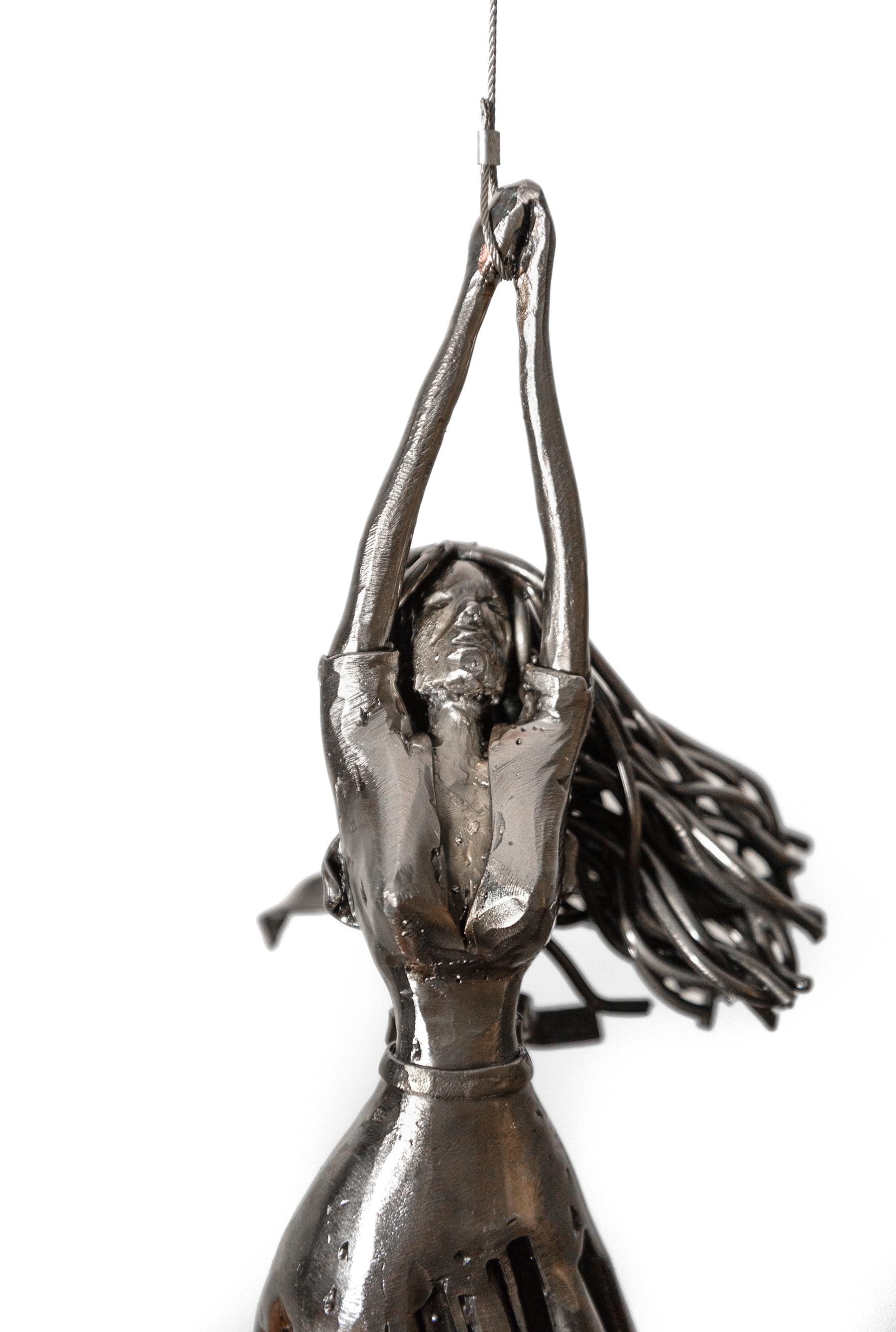 Let it Go - figurative, red balloon, female, hand-hammered steel sculpture 1