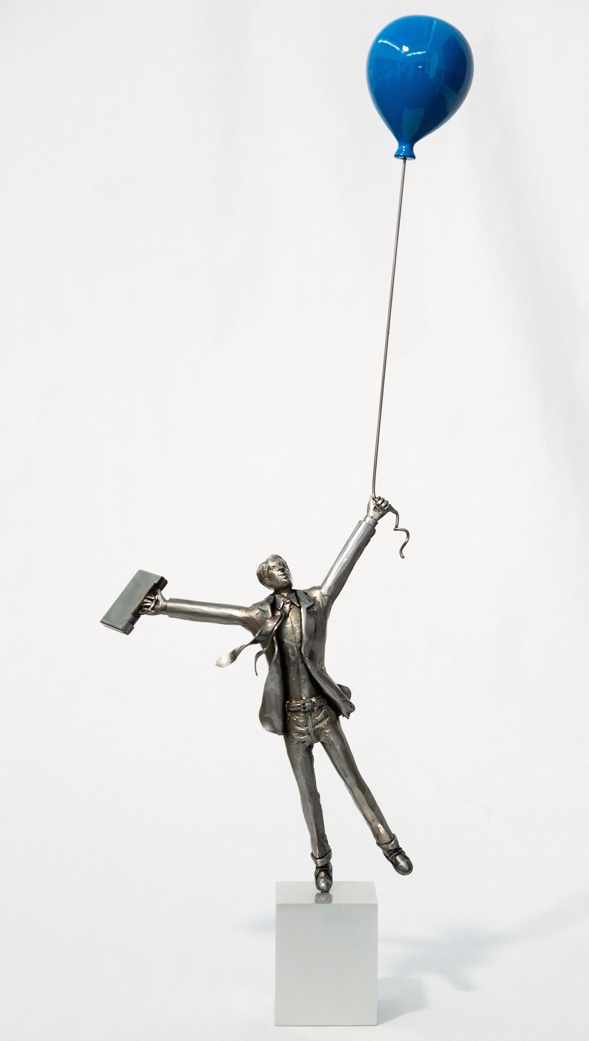 Derya Ozparlak Figurative Sculpture - Next Chapter - man, figurative, blue balloon, steel, fibreglass, sculpture