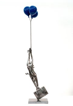 One Way Ticket Please (blaue Luftballons) - figurativ, Stahlskulptur