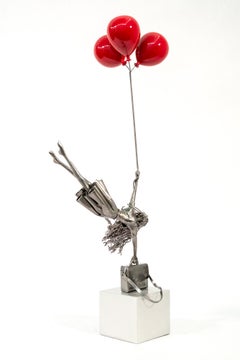 One Way Ticket Please (globos rojos) - escultura figurativa de acero
