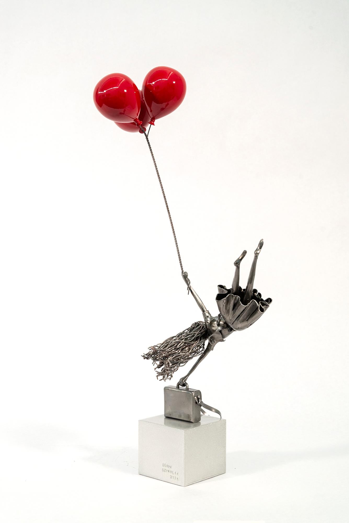 One Way Ticket Please (rote Luftballons) - figurativ, Stahlskulptur im Angebot 2