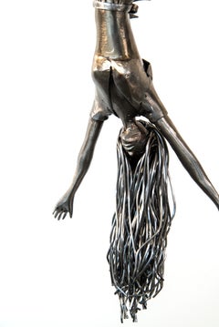 Red Line - woman, figure, steel, colorful, balloons, suspended sculpture