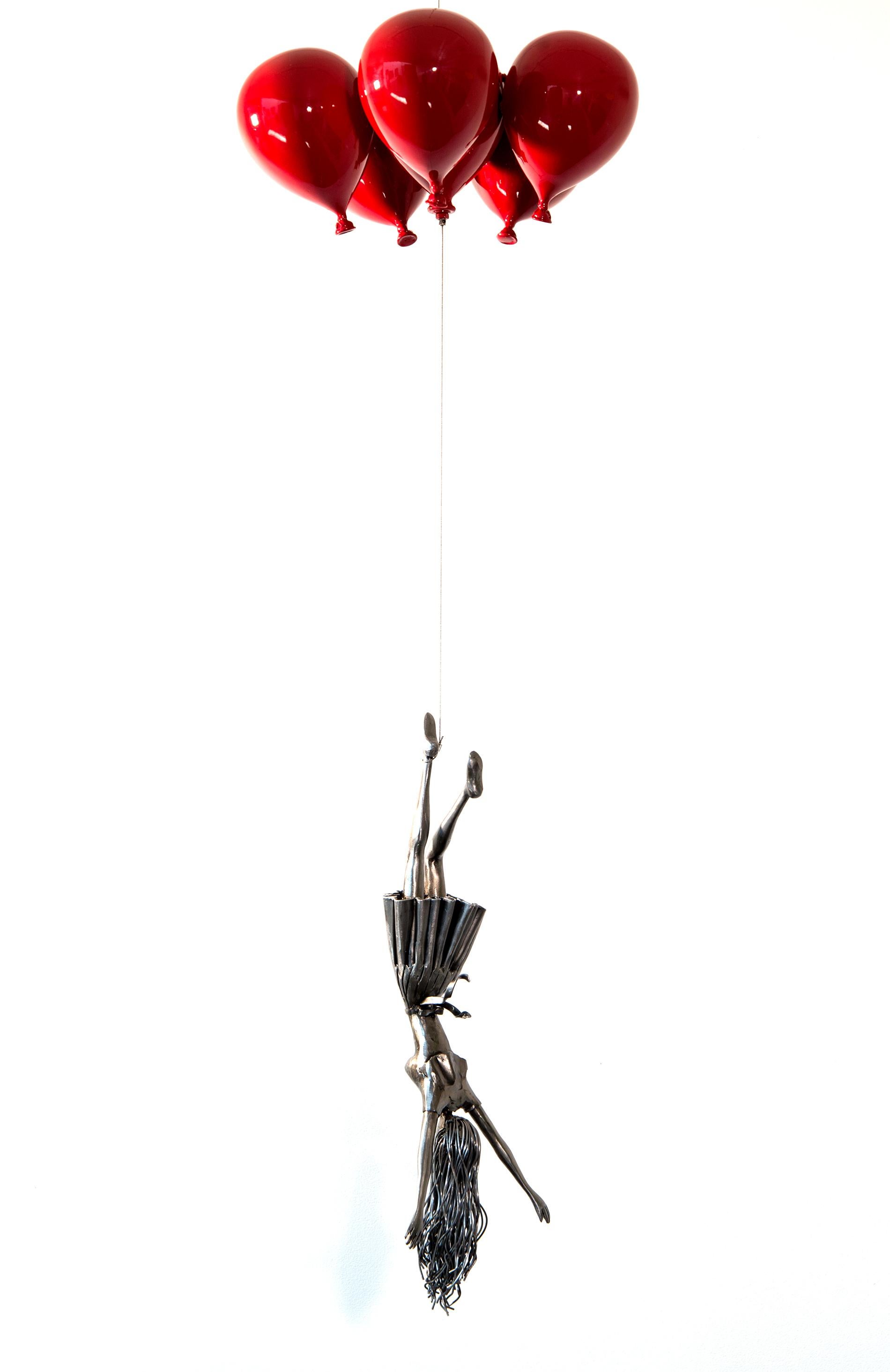 Red Line - woman, figure, steel, colorful, balloons, suspended sculpture 1