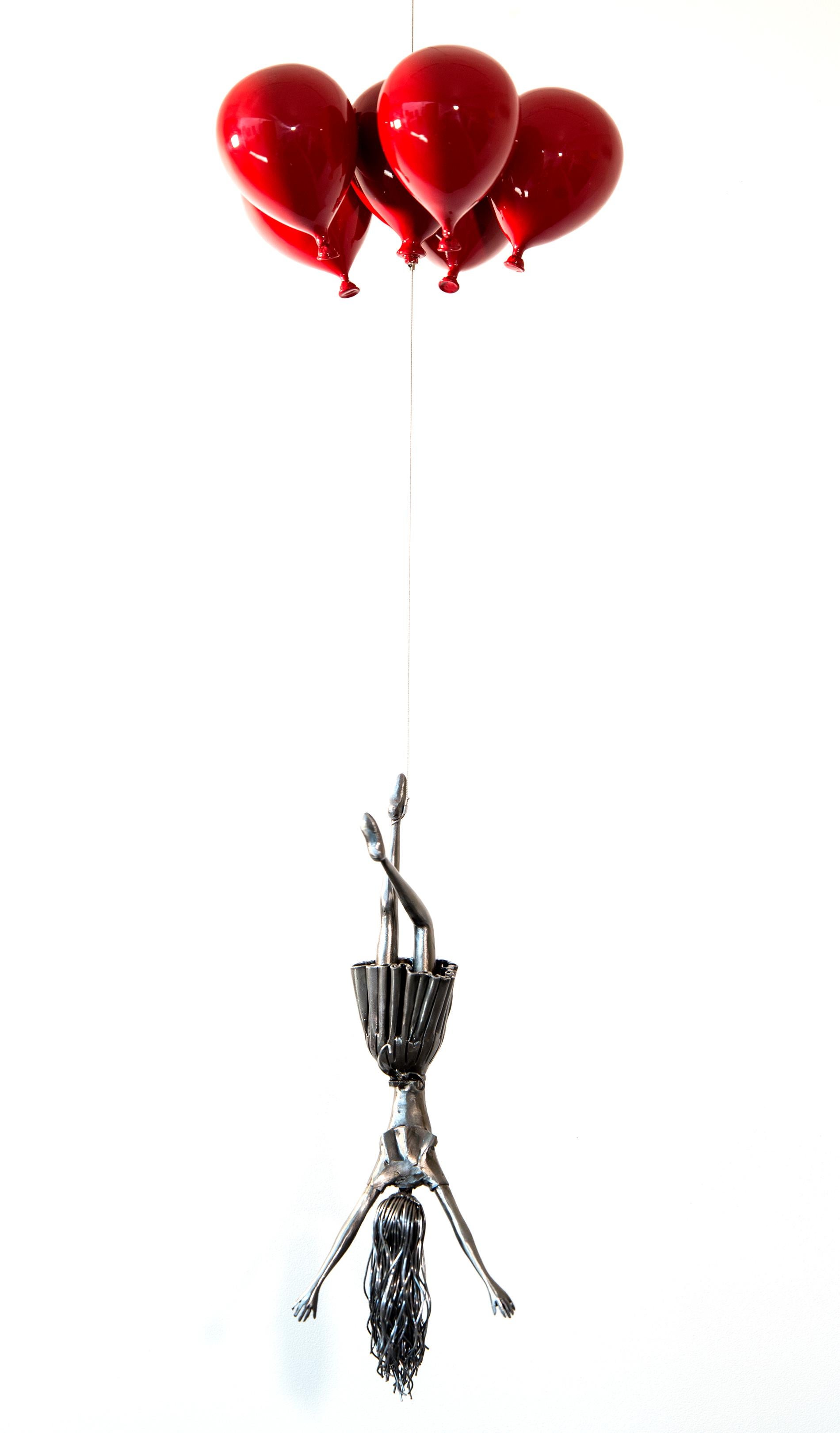 Red Line - woman, figure, steel, colorful, balloons, suspended sculpture 2