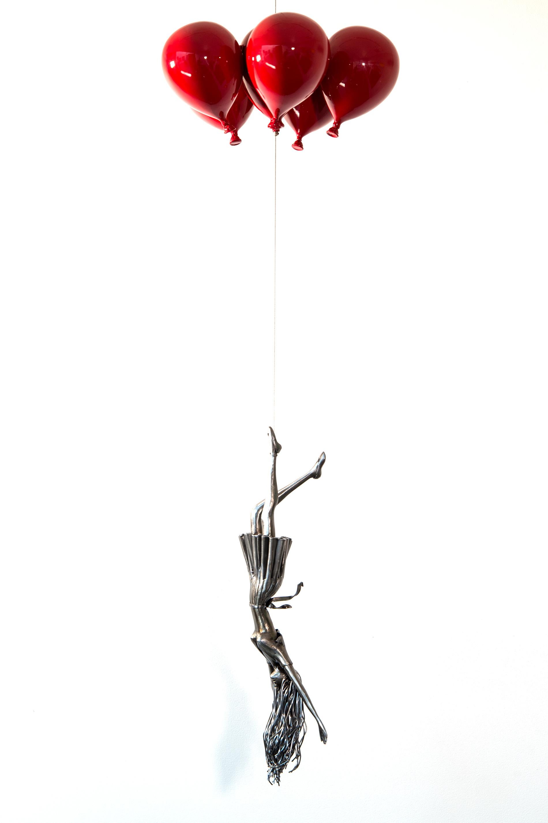 Red Line - woman, figure, steel, colorful, balloons, suspended sculpture - Mixed Media Art by Derya Ozparlak