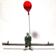 Balancín - figurativo, hombre, rojo, globo, bronce y acero, escultura